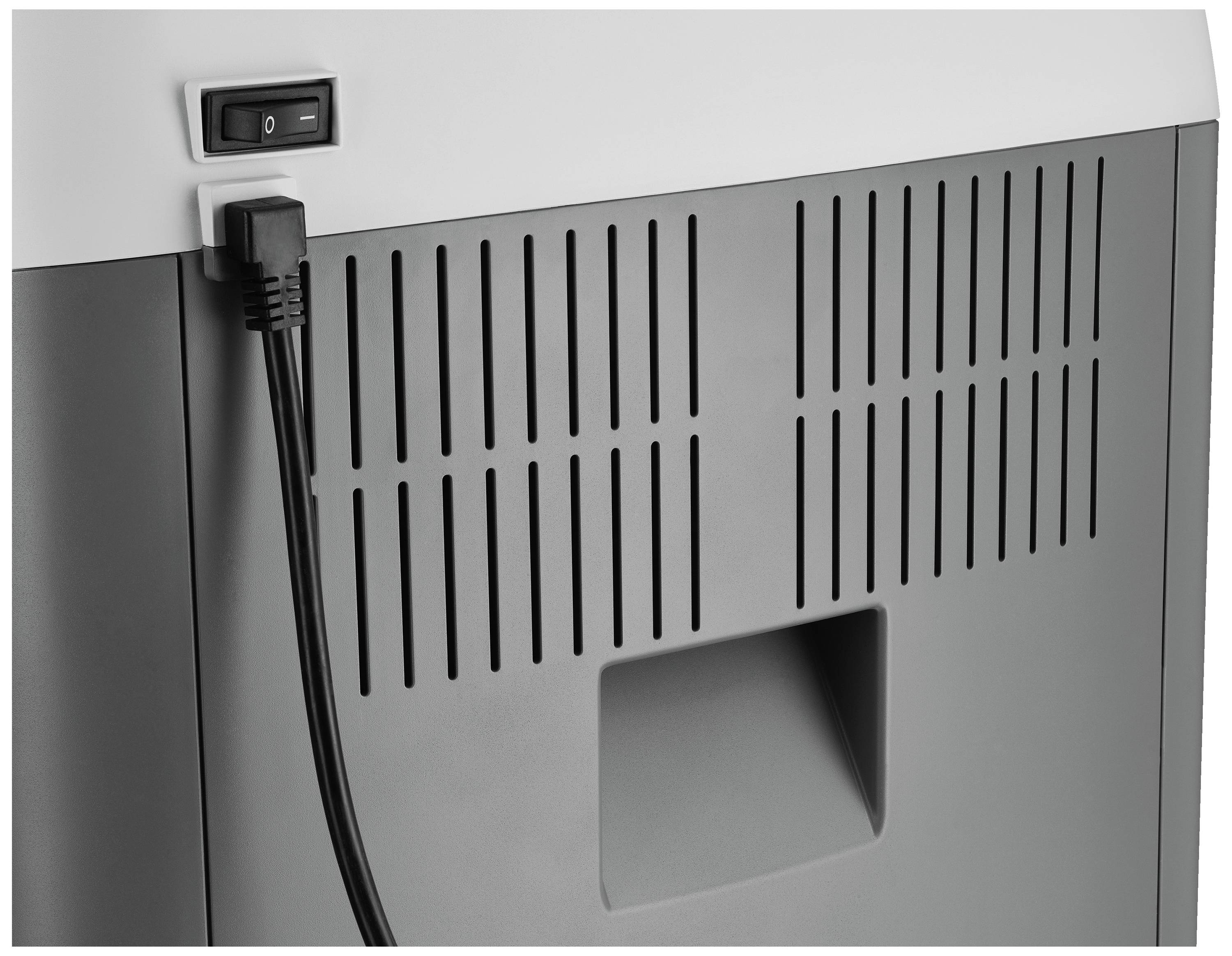 Een printer van achteren met netvoedingskabel en netschakelaar linksboven, toont ventilatiesleuven en een uitsparing voor betere hantering.