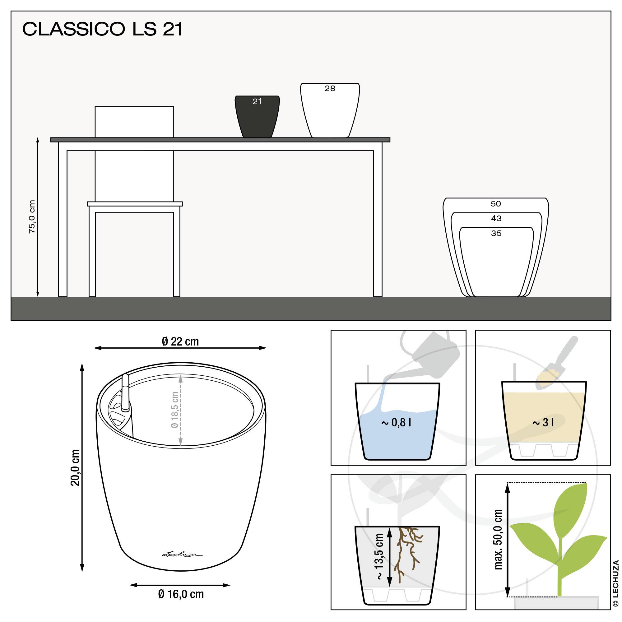 LECHUZA Classico Premium Bloempot - Compleet Set - Metallic Antraciet - Ø 21 x H20 cm - 3 L-8