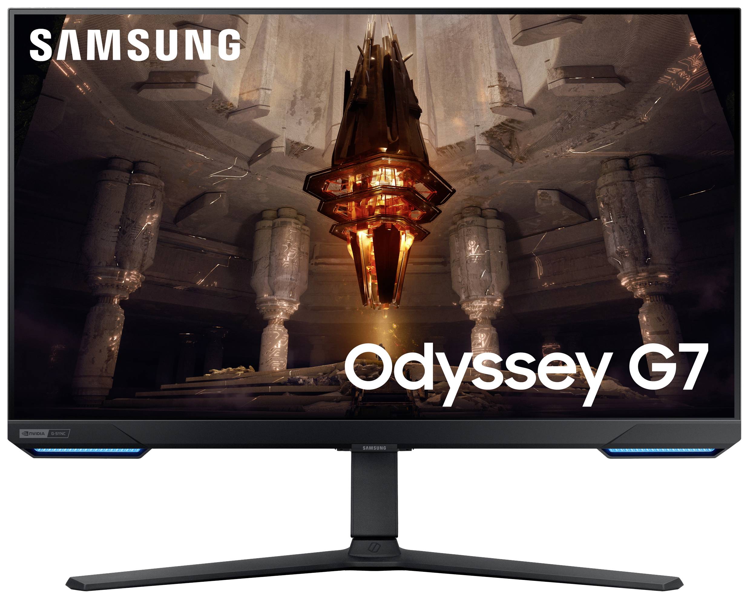 'Samsung Odyssey G7' monitor met futuristische scenerie op het scherm en opvallende blauwe accentverlichting aan de voet.