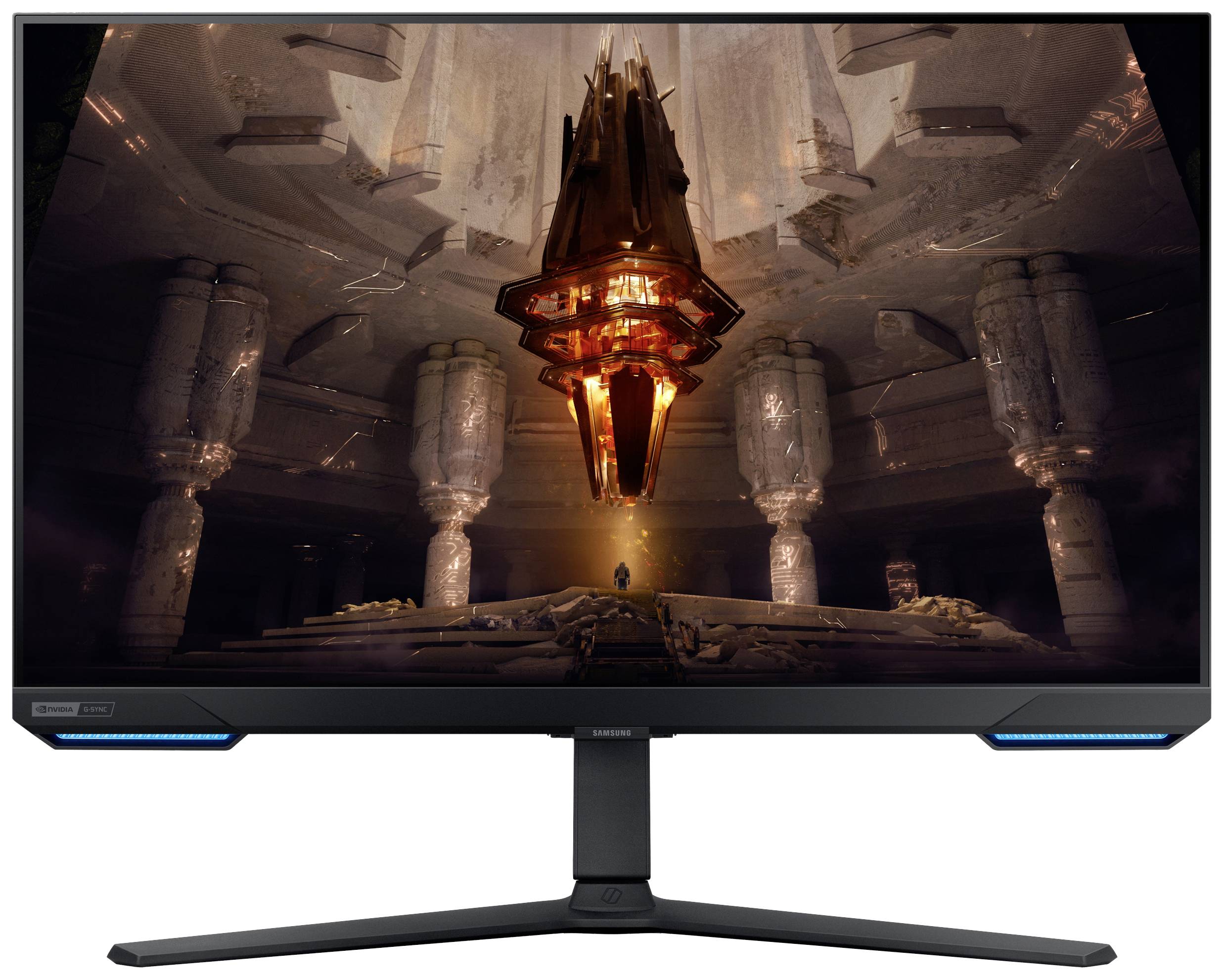 Een hoogresolutie computermonitor toont een futuristisch, verlicht monument in een grote ruimte met zuilen.