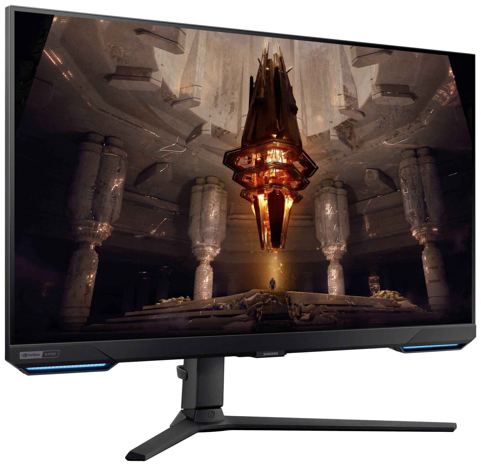 Een computerscherm toont een futuristisch, verlicht decor met elegante structuren en warme kleuraccenten. In het middelpunt zweeft een object.