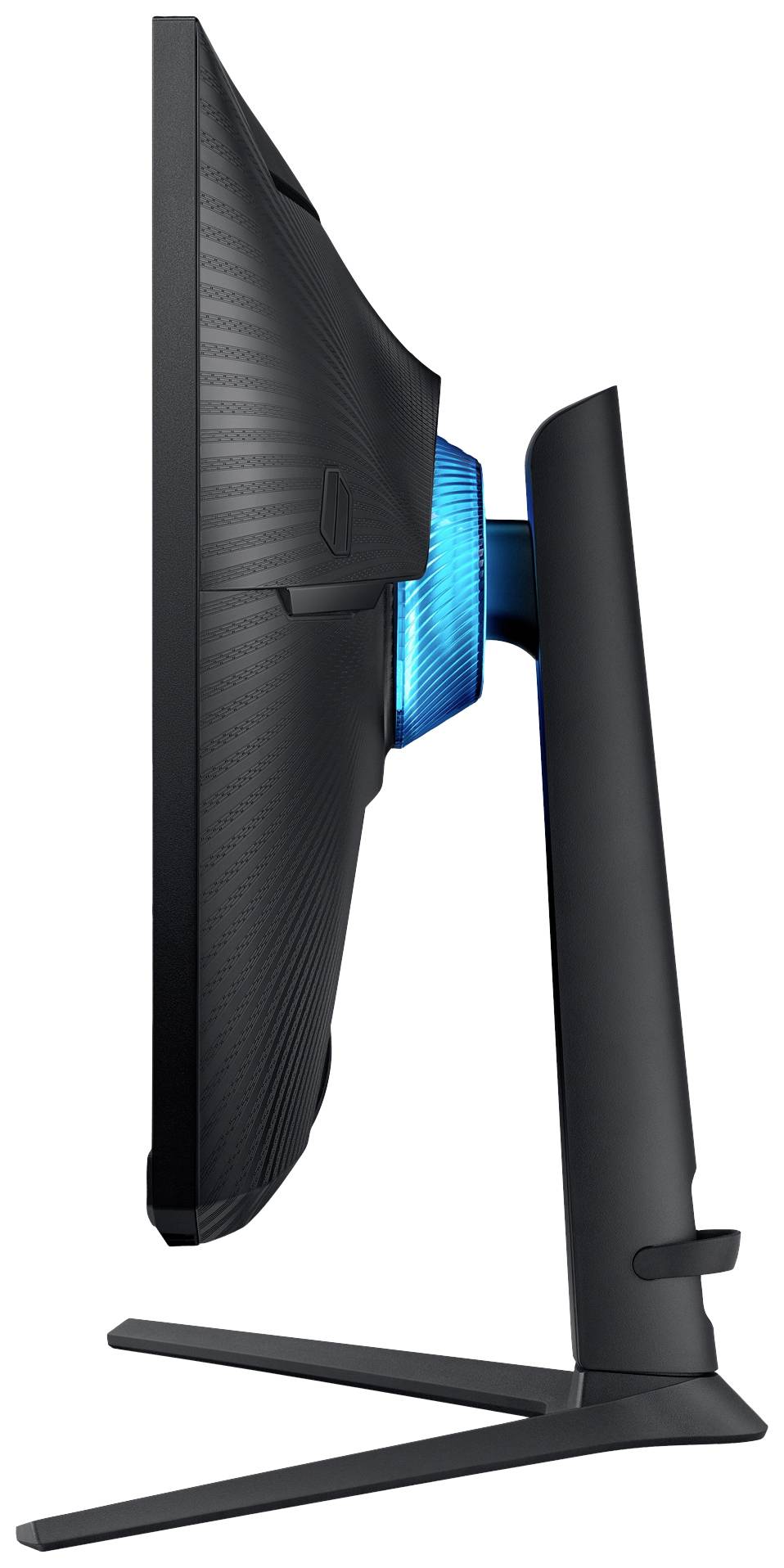 Zijaanzicht van een zwarte computermonitor met een gebogen scherm en blauw verlicht achterpaneel. De monitor staat op een stevig standaard.