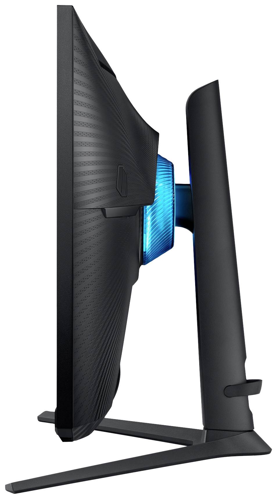 Zijaanzicht van een zwarte computermonitor met een blauw verlichte achterkant op een standaard.