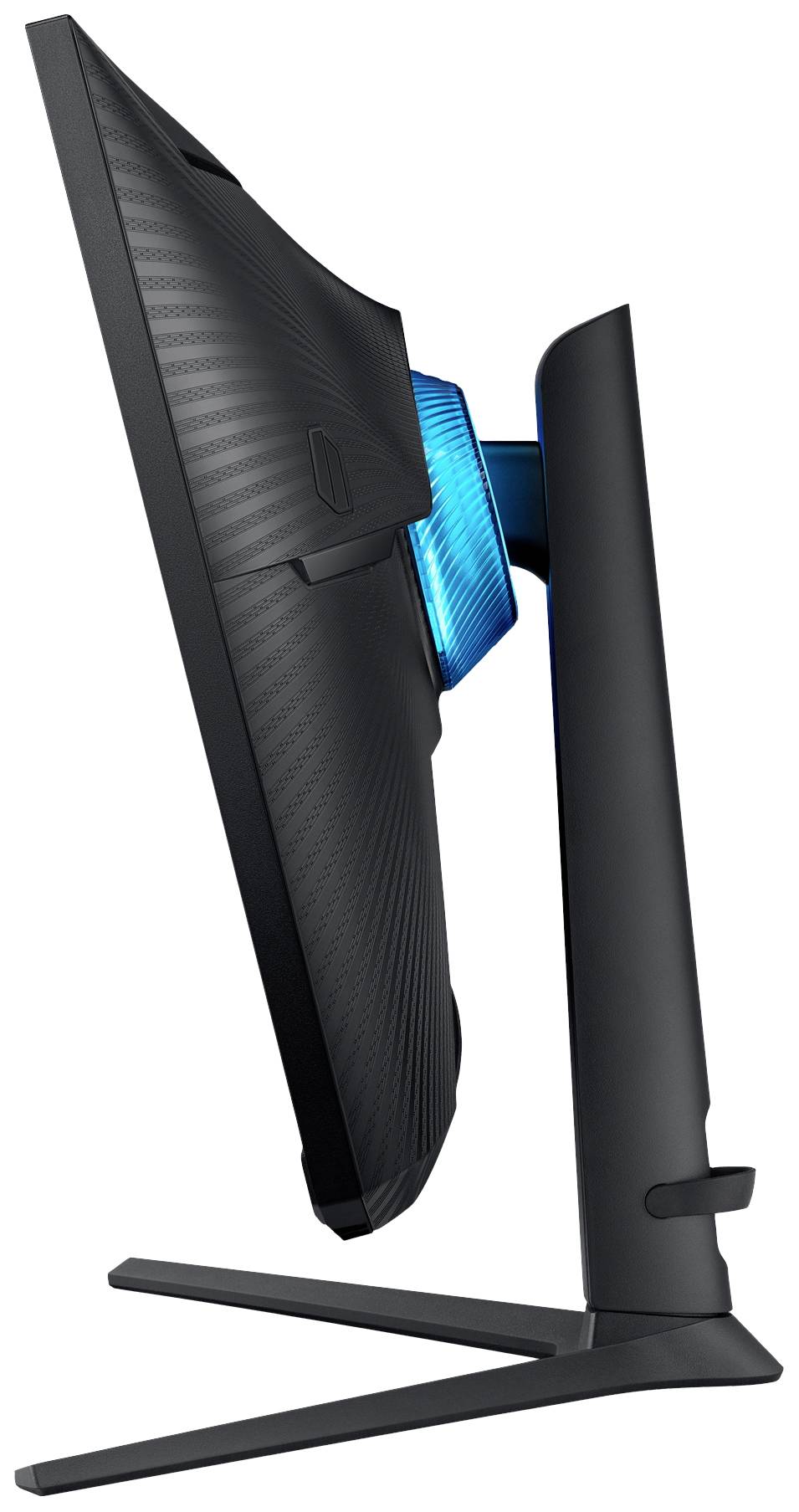 Een zij-aanzicht van een zwarte computermonitor met een blauw verlicht achterpaneel. De standaard is slank en modern vormgegeven.