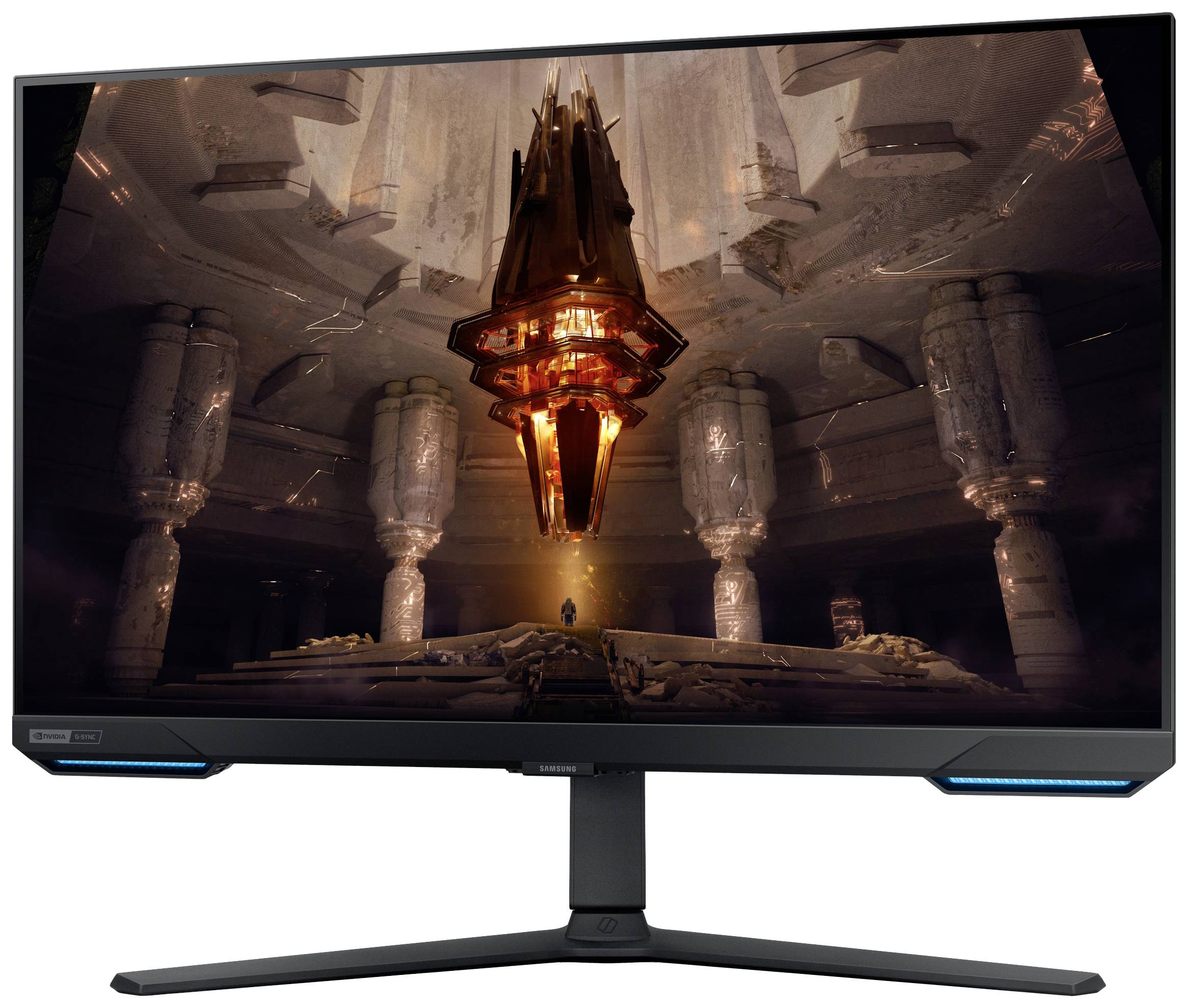 Een monitor vertoont een fictief sciencefiction-scenario met een zwevend, lichtgevend object in een monumentale hal.