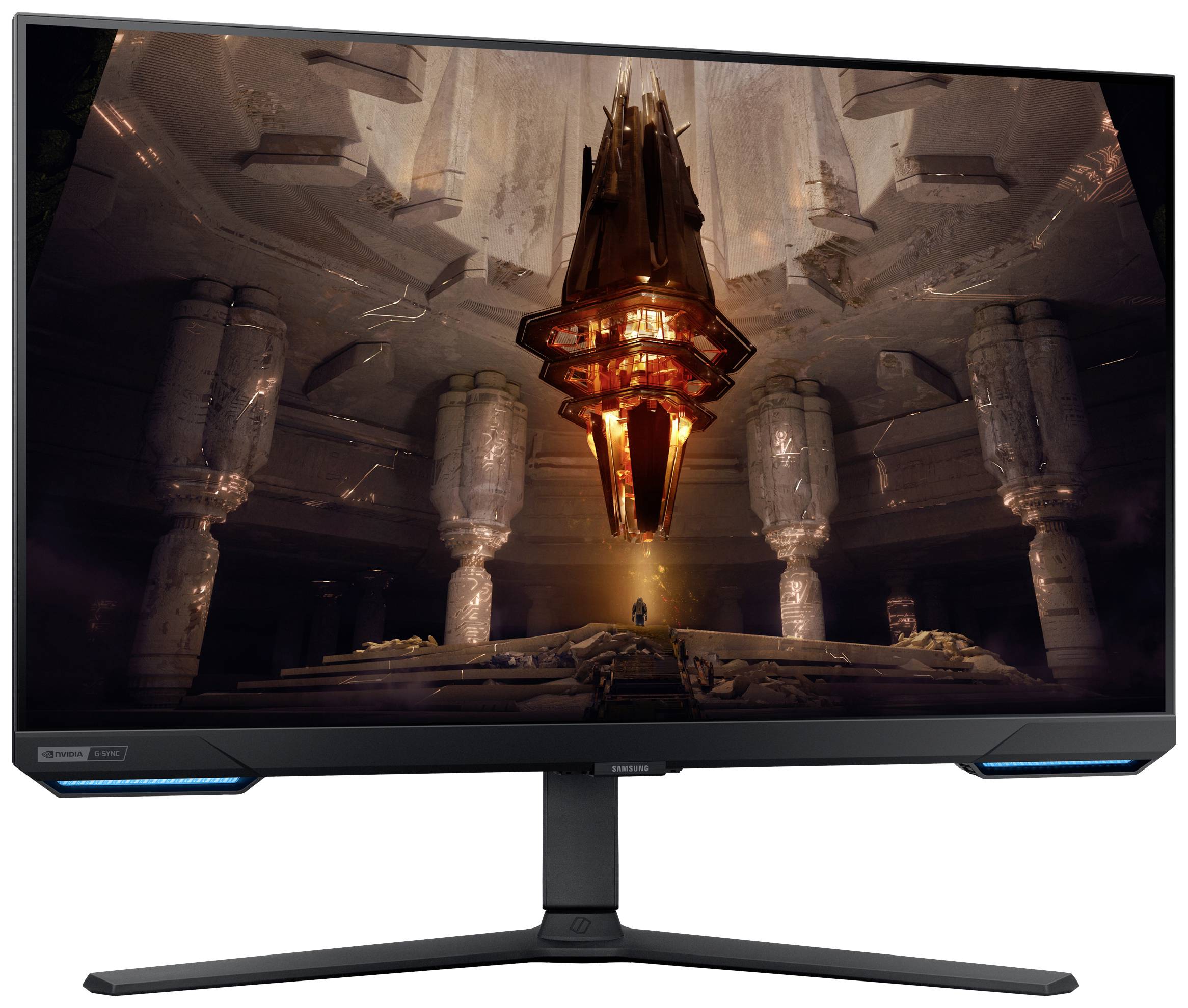 Een computermonitor toont een futuristisch, mysterieus interieur met een zwevende, verlichte structuur en een persoon eronder.