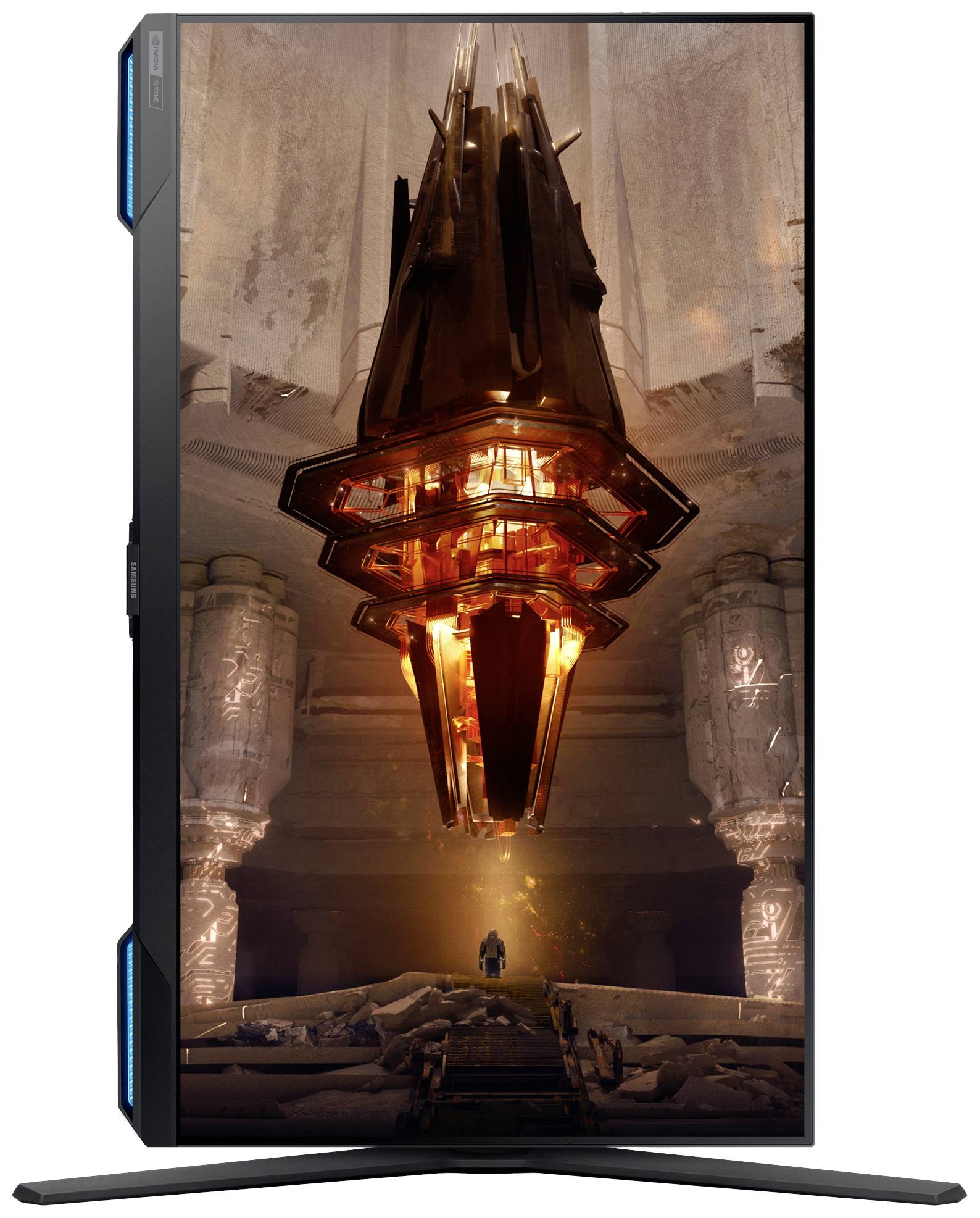 Een futuristische ruimte met een zwevend, lichtgevend kristal boven een persoon. De ruimte voelt mystiek en technisch tegelijkertijd.