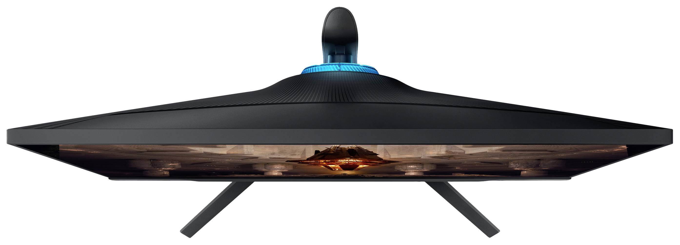 Futuristische zwarte monitor met een blauw lichteffect bovenaan en een vlamontwerp in het midden, geplaatst op drie dunne steunen.