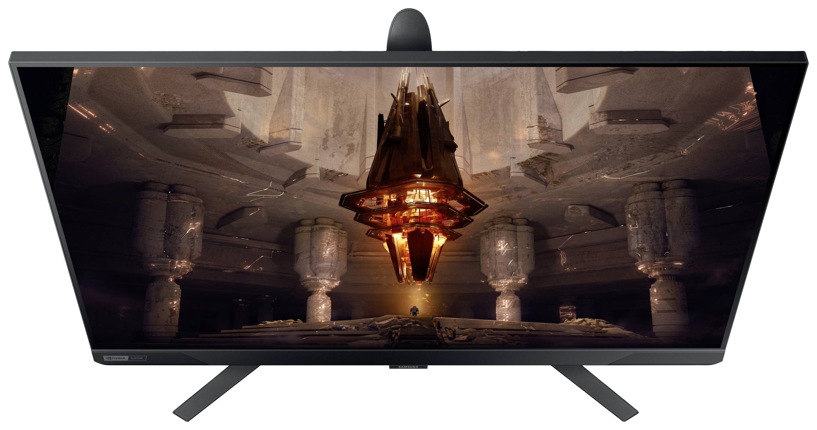 Een monitor vertoont een scène met een zwevende, lichtgevende structuur in een futuristische omgeving, omringd door zuilen.