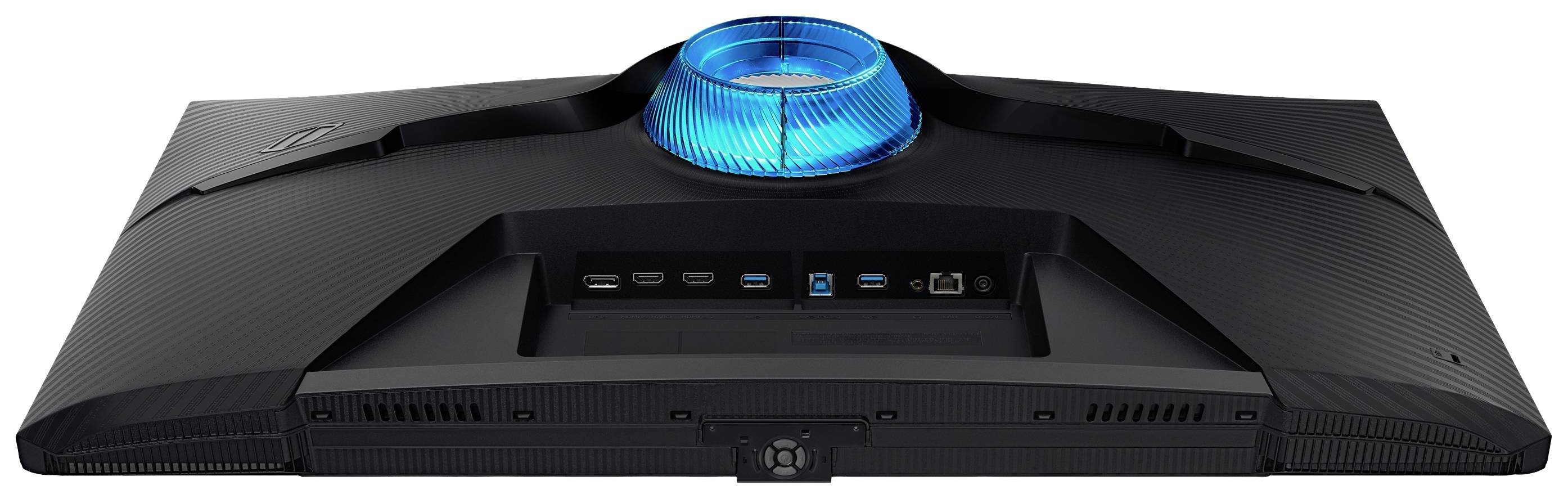 Een zwarte computermonitor van achteren met een fel blauwe LED-verlichting bovenaan en verschillende aansluitingen zoals HDMI en USB in het midden.