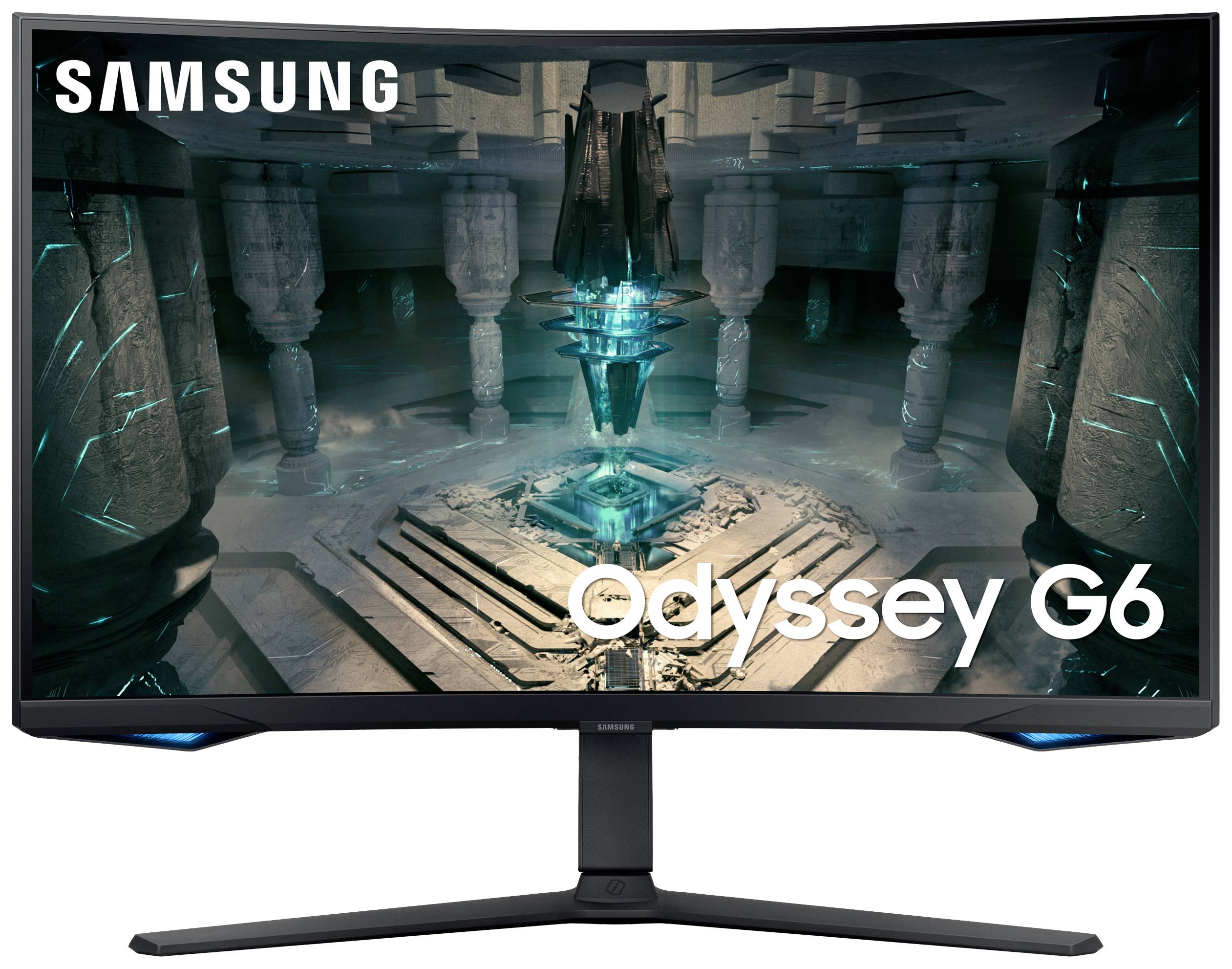 Een Samsung Odyssey G6 Monitor toont een mystiek, futuristisch binnenste van een tempel met helder blauwe kristallen en antieke zuilen.