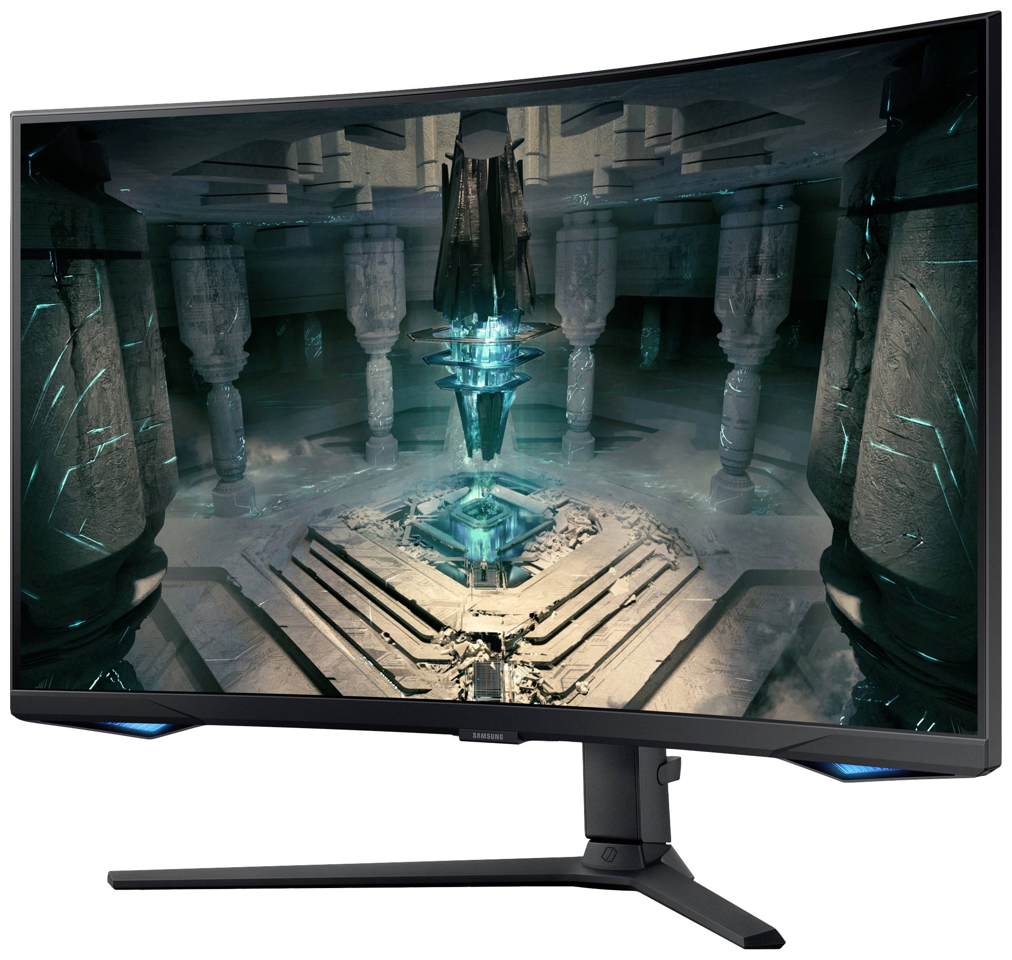 Een gebogen gamingmonitor toont een videospeelscène met futuristische architectuur en een gloeiend blauw licht in het midden.