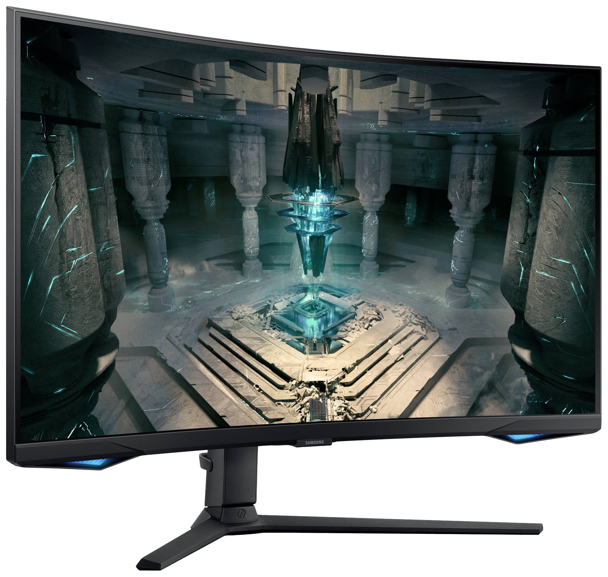Een gebogen gamingmonitor toont een futuristisch, stralend tempelinterieur dat een meeslepende gameervaring biedt.