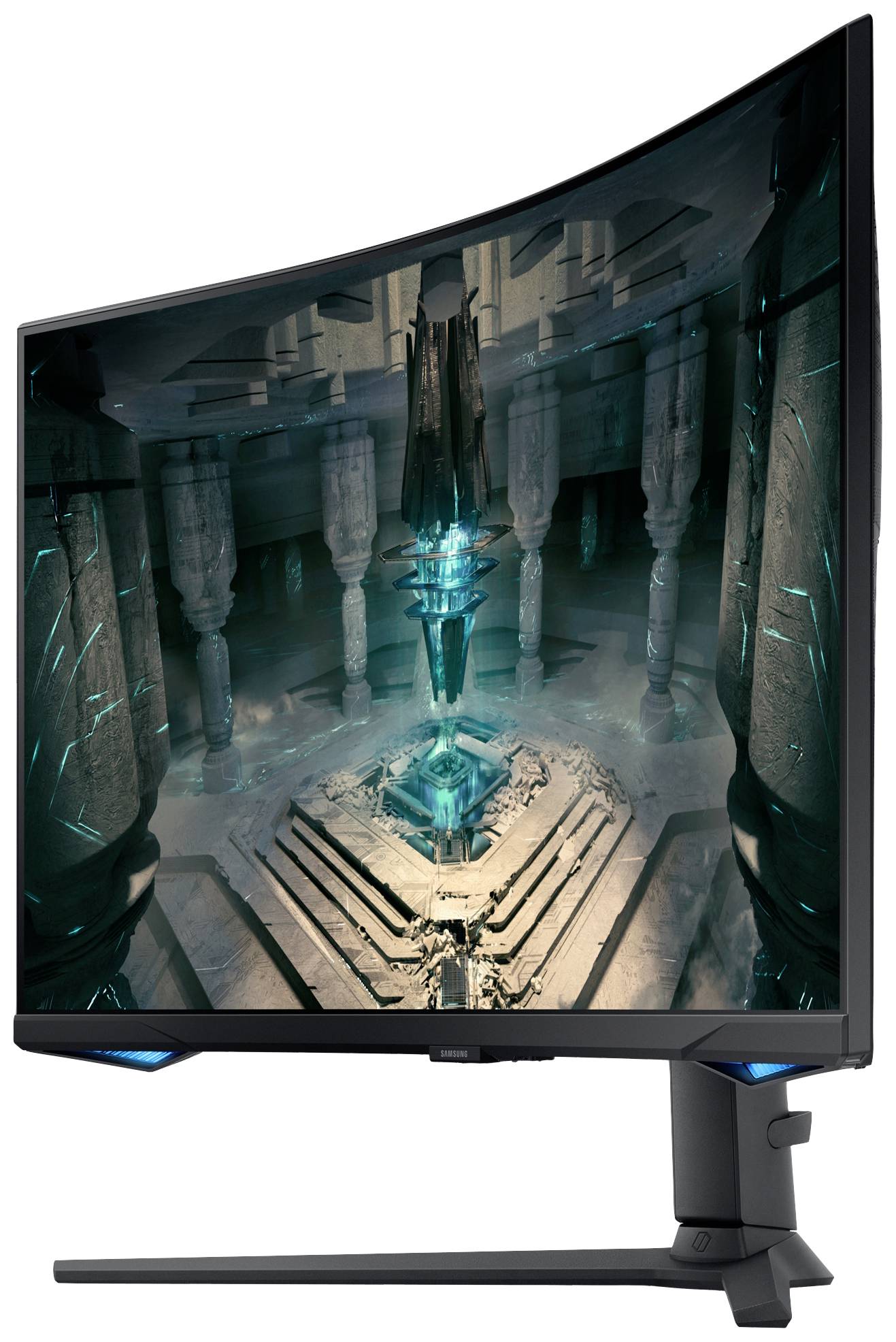Een gebogen gamingmonitor toont een futuristische, sci-fi-scène met een lichtgevend, blauw kristal in een antieke tempelomgeving.