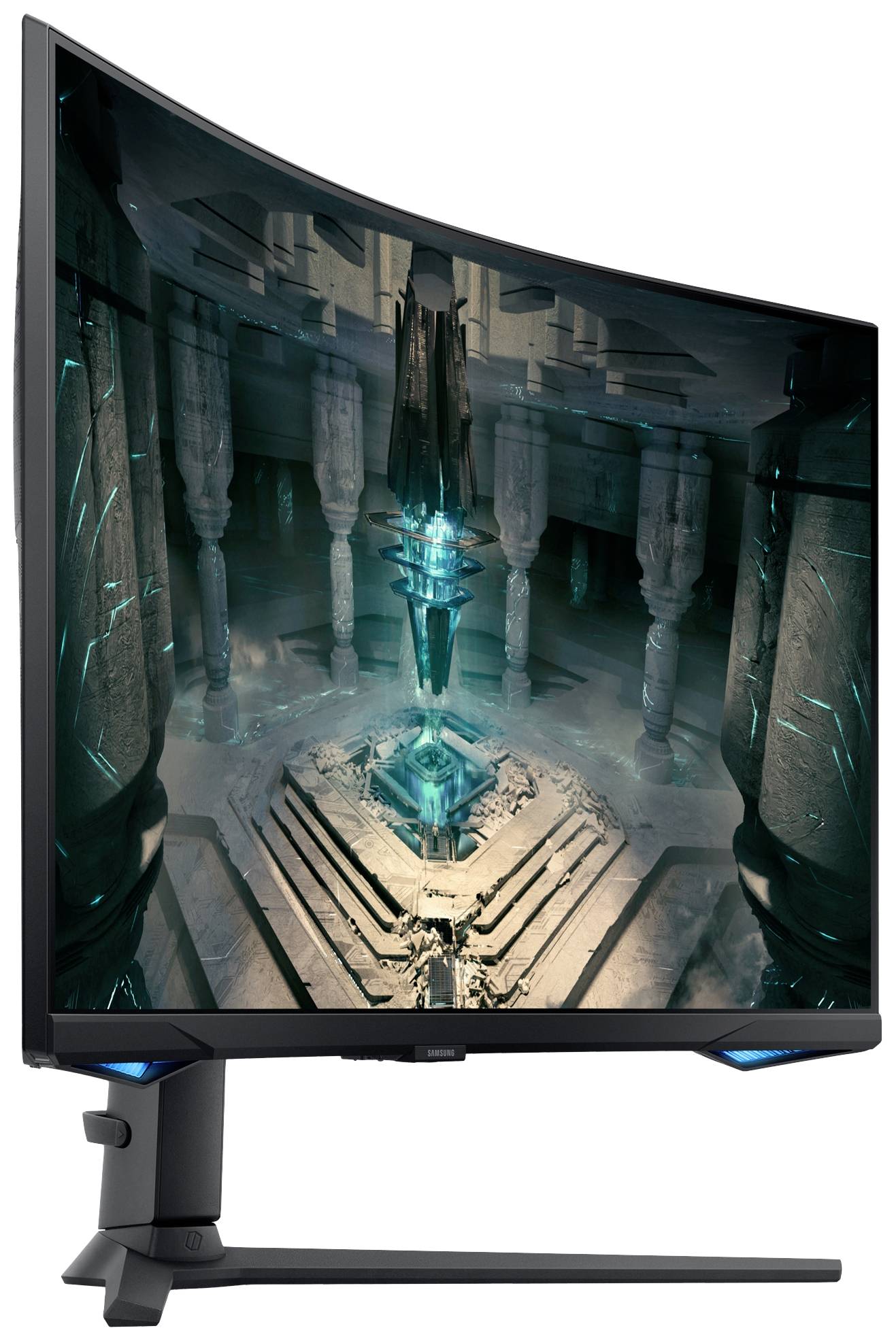 Een gebogen gamingmonitor met een sciencefiction-achtergrond die futuristische architectuur in blauw- en grijstinten weergeeft.