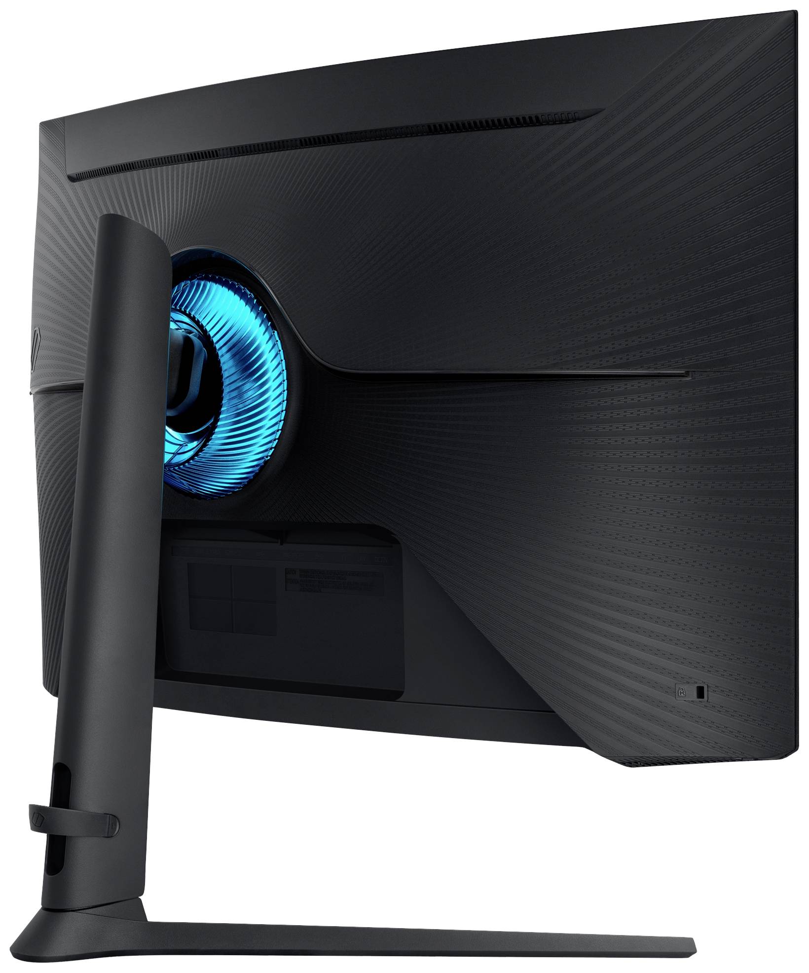 Zwarte computermonitor van achteren, met een blauw oplichtende ring in het midden. Het scherm staat op een slanke voet.