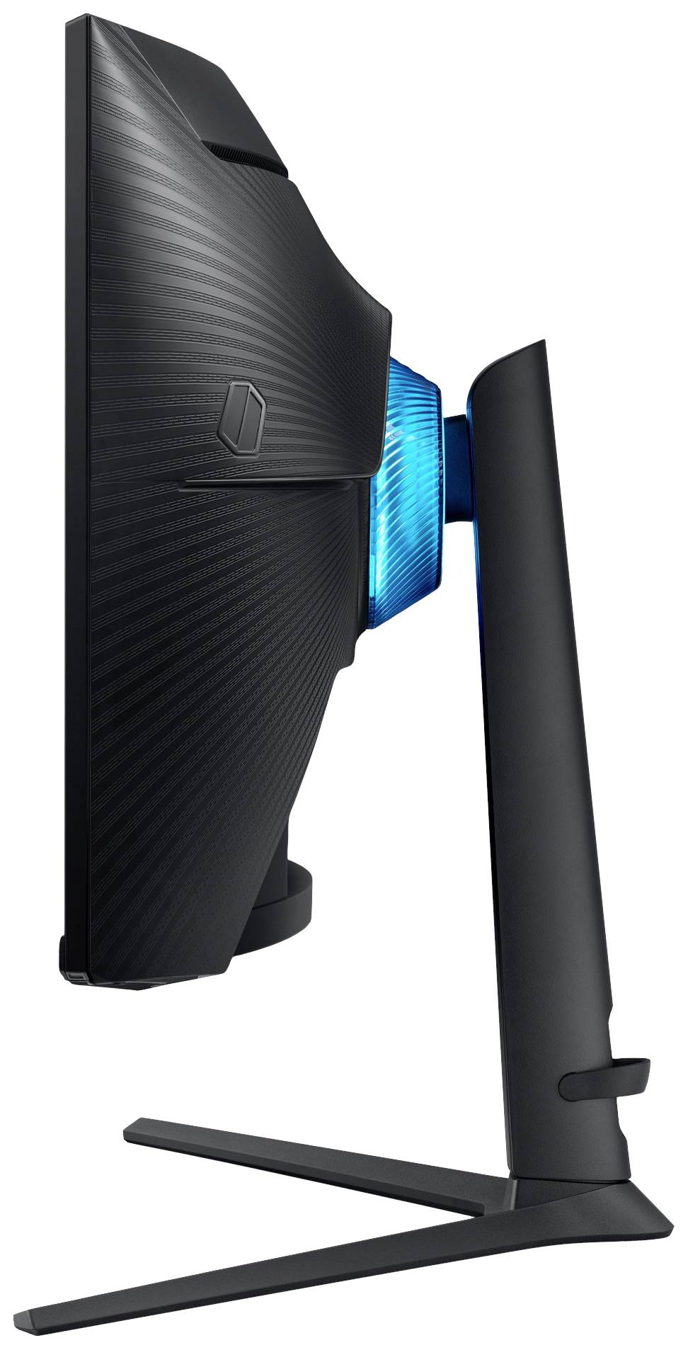 Zwarte gebogen gaming-monitor in zijaanzicht, met blauw verlicht achterpaneel en een stevig voetstuk.