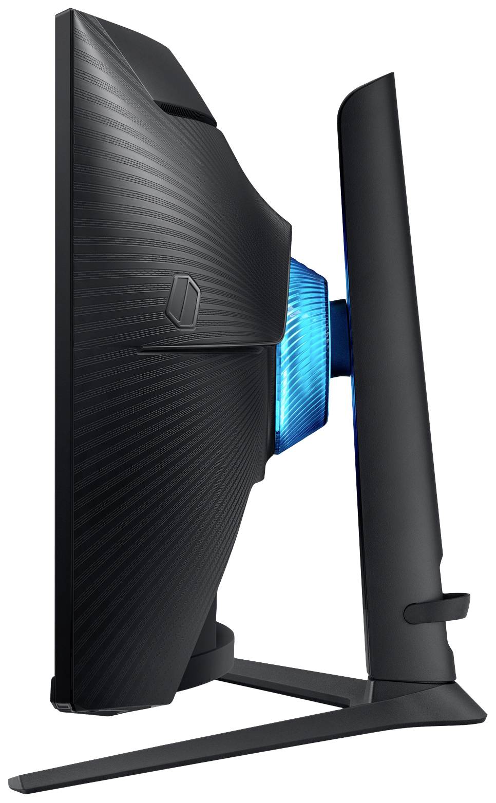 Een moderne, zijdelings geplaatste computerspelmonitor met blauw verlichtingseffect en gestructureerde behuizing.