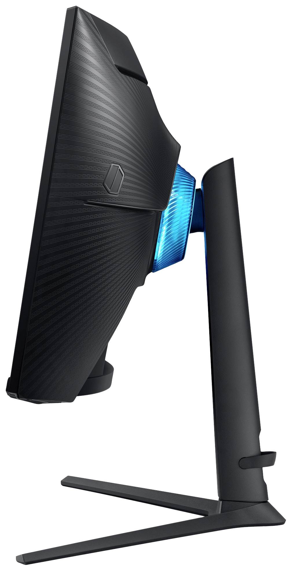 'Zwarte computermonitor, gezien van opzij, met futuristisch design en helder blauwe achterkant, op een stevige standaard.'