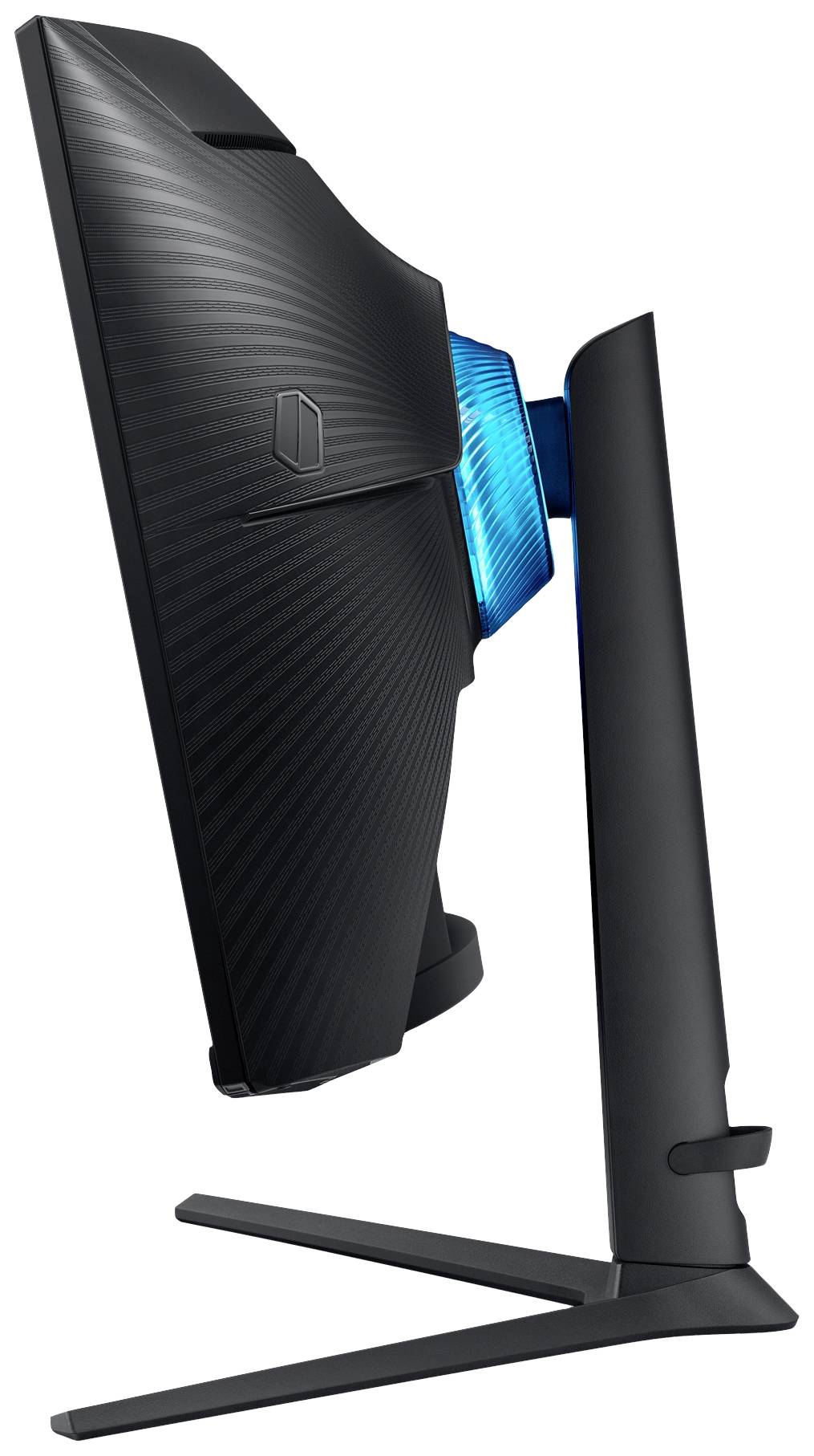 Slanke computerscherm, zijdelings gefotografeerd, met een futuristisch ontwerp en een helder blauwe accent aan de achterkant.