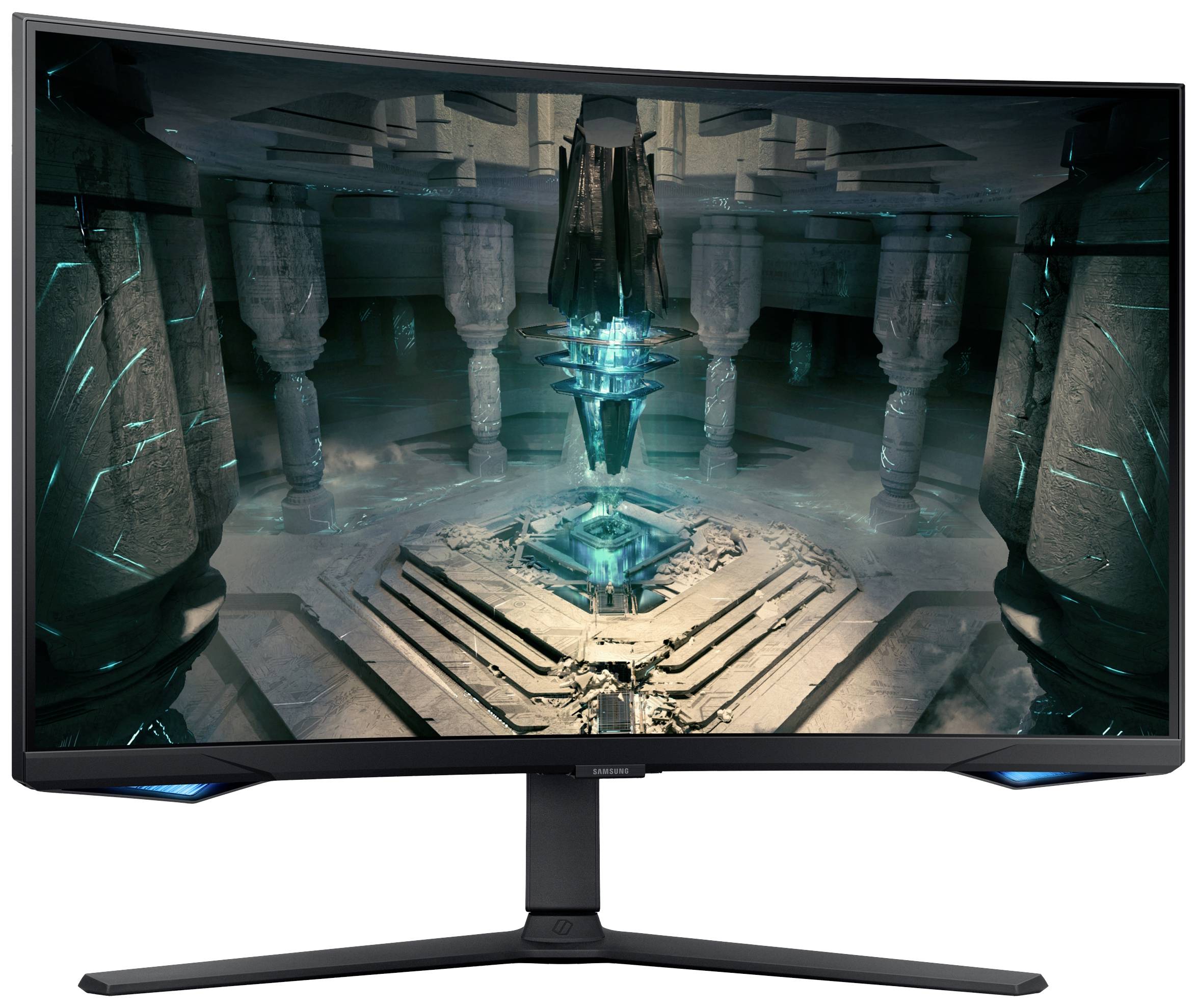 Een gebogen gaming-monitor toont een futuristische scène met zuilen en een oplichtend blauw kristal in het midden.