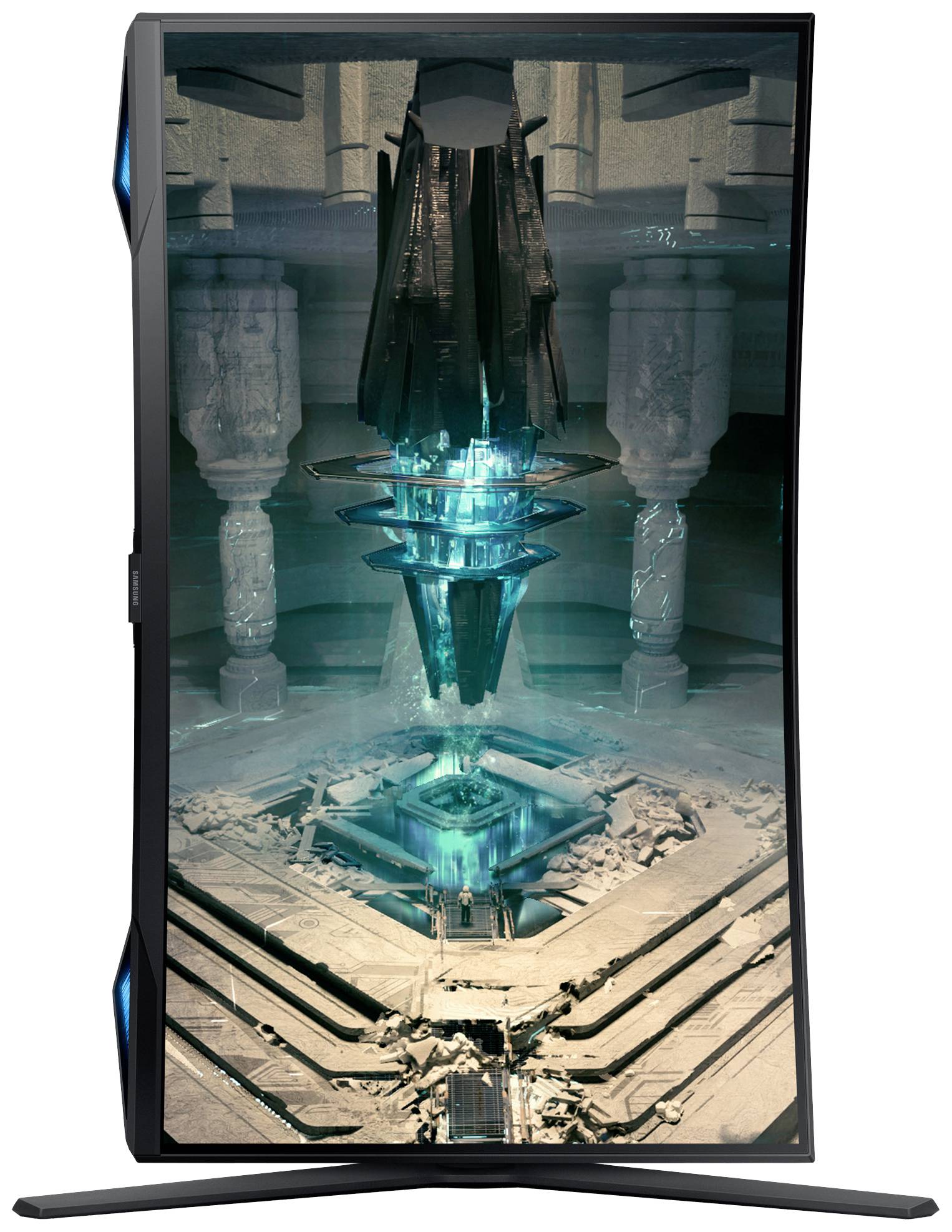 Een futuristisch 3D-kunstwerk toont zwevende, lichtgevende structuren in een atmosferische, digitaal vormgegeven omgeving.