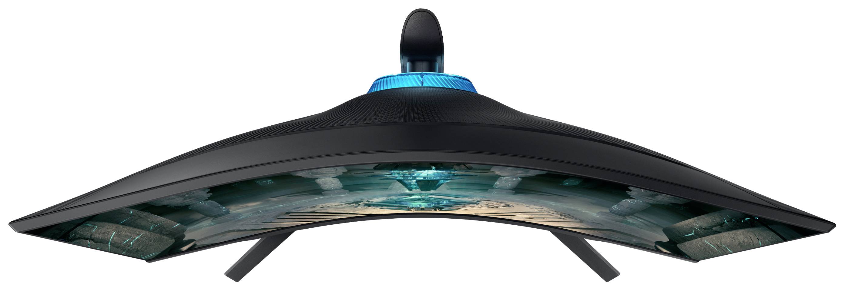 Bredere, gebogen computerscherm van bovenaf, toont een gaming-scenario. Verlicht element aan de achterkant van de monitor.