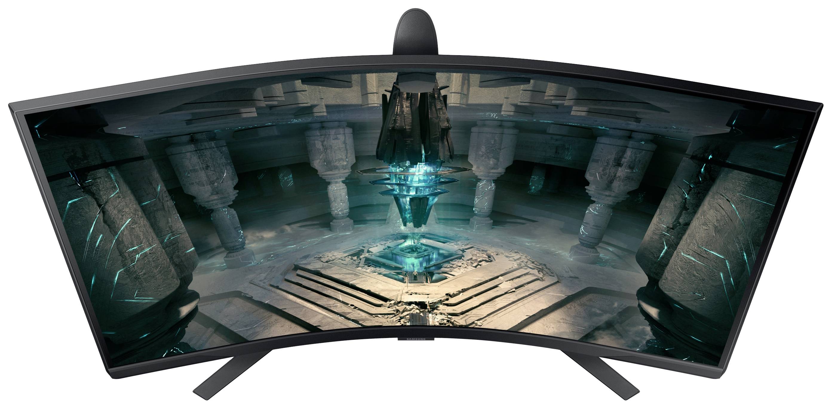 Gebogen scherm met een fantasy-spel waarop een mystieke grot wordt getoond met een gloeiende kristal en zuilen.