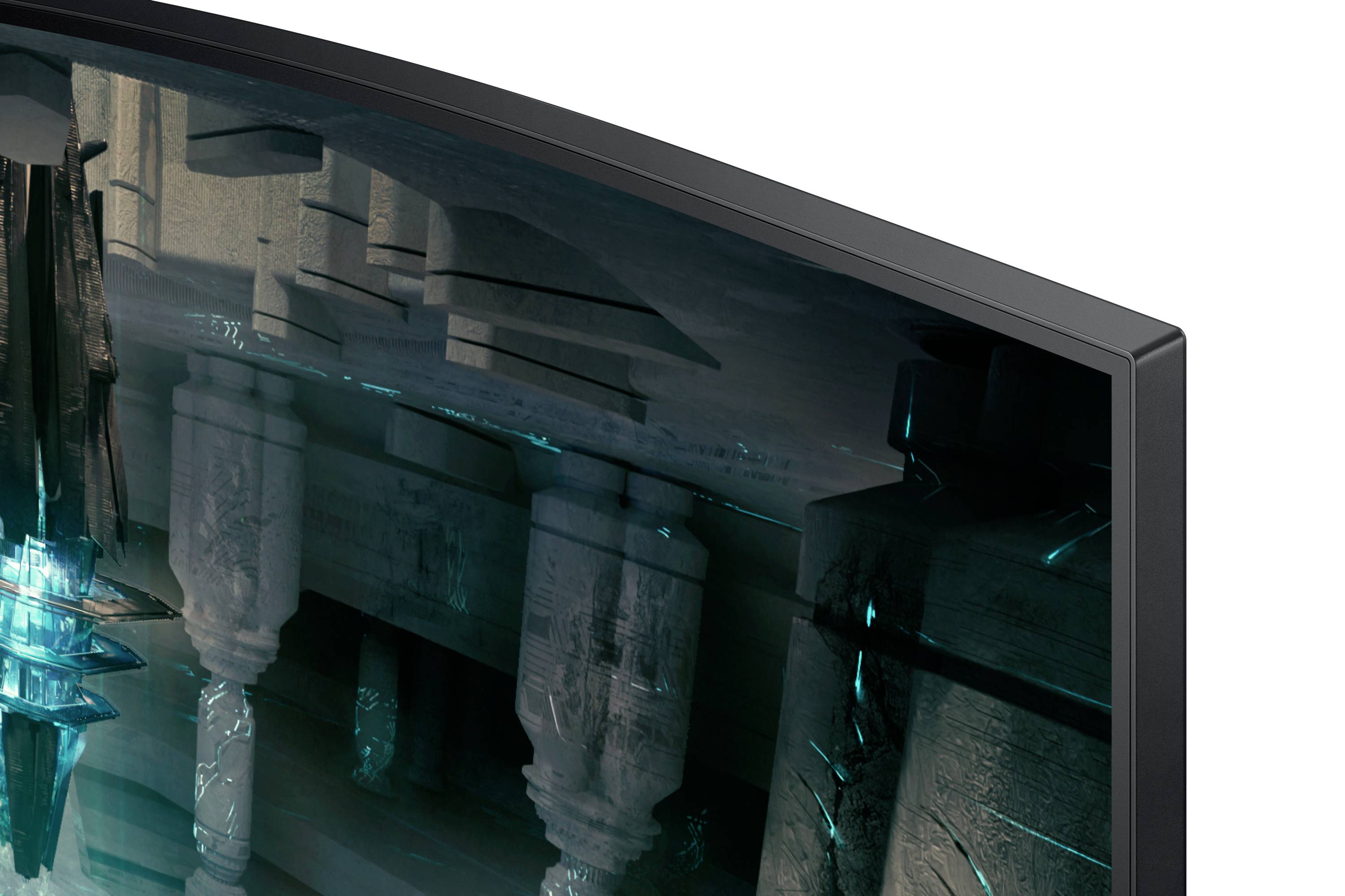 Een fragment van een gebogen monitor toont een architectonische 3D-weergave met zuilen en abstracte vormen.