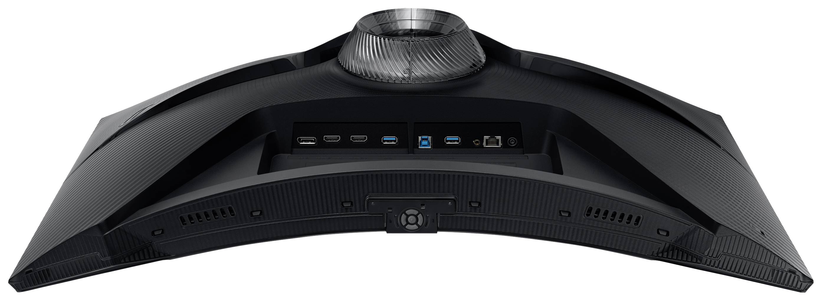 'Zwarte gebogen monitor bekeken van achteren. Toont aansluitingen zoals HDMI, DisplayPort, USB, Ethernet op een gebogen achterkant.'