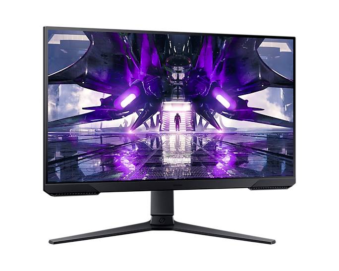 Een computermonitor toont een futuristische scène met een ruimteschip en een persoon in een neon verlichte hangar.