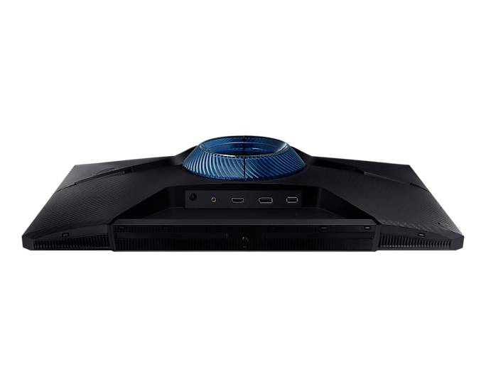'Achterzijde van een gamingmonitor met blauwe ventilatie, HDMI- en USB-poorten in het midden.'