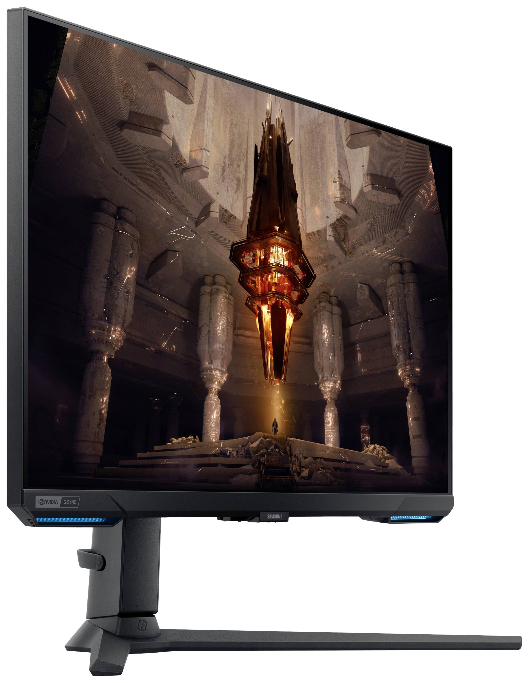 Een monitor toont een computeranimatie met een zwevend, lichtgevend object in een futuristische, zuilvormige ruimte.