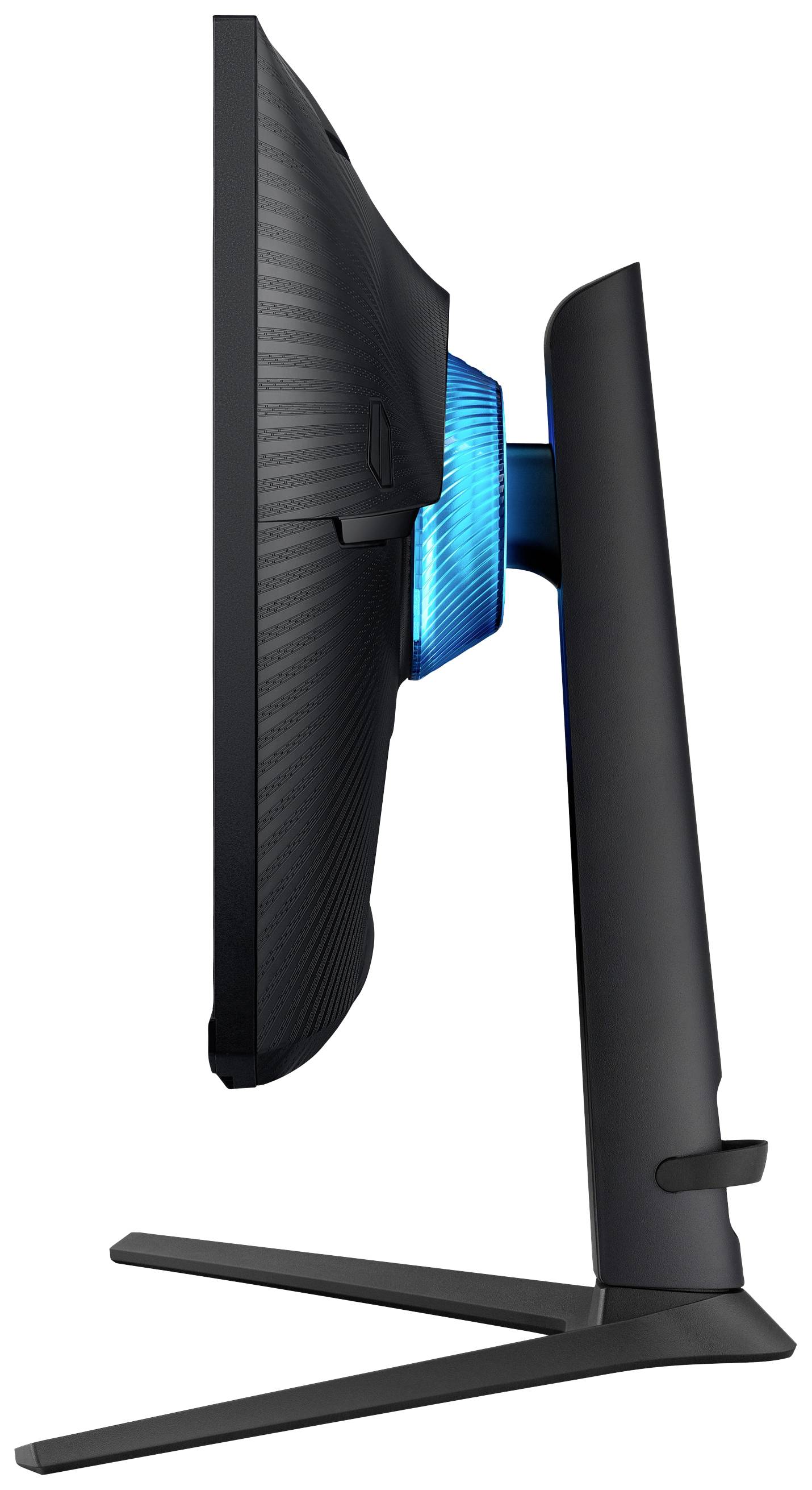 Een zijdelings gefotografeerd computerscherm met een dunne rand en blauw licht aan de achterkant. Modern, elegant standaard.