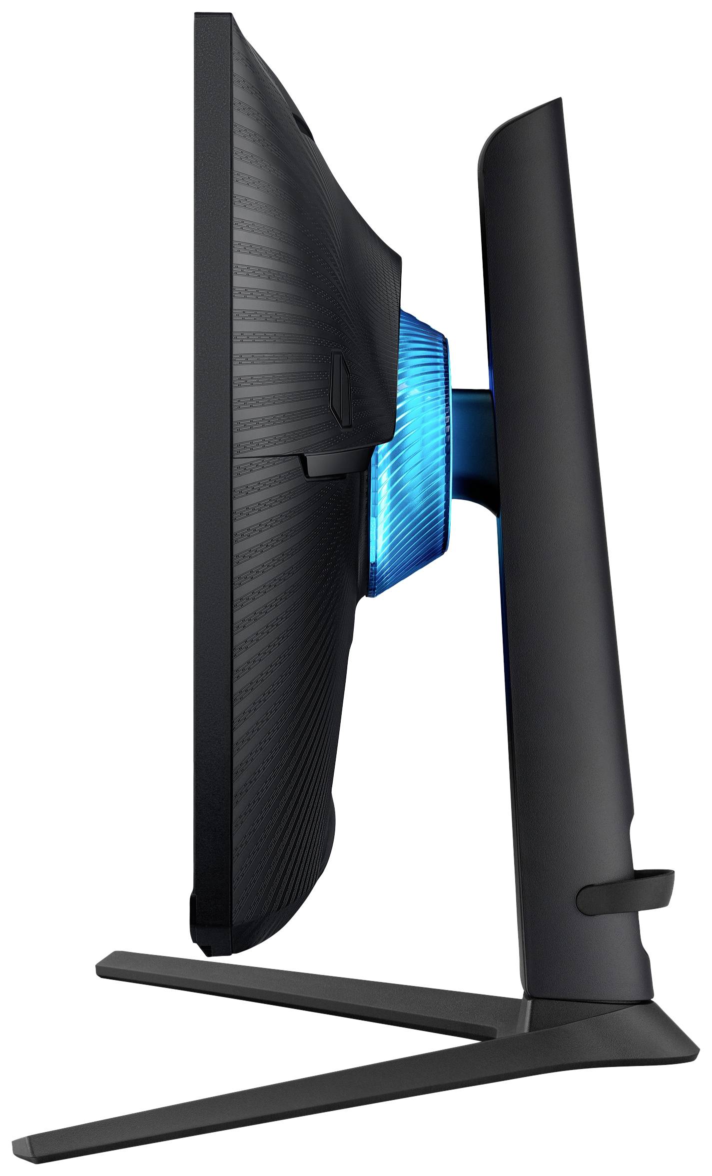 Een computerscherm van opzij met een helder blauw achtergrondlicht en een slanke, moderne vormgeving.