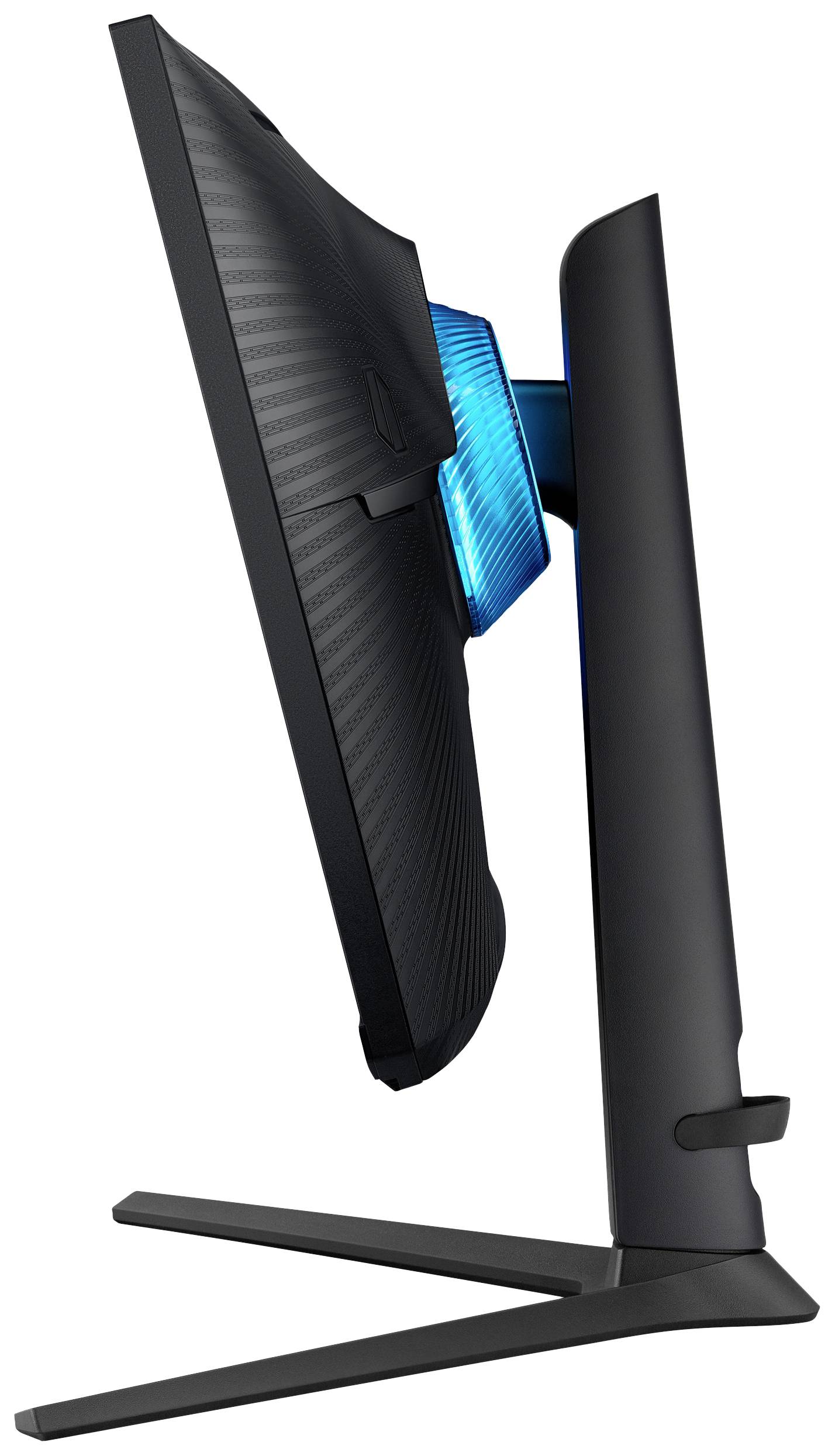 Zijaanzicht van een moderne computermonitor met een slanke vormgeving en blauwe LED-verlichting aan de achterkant.