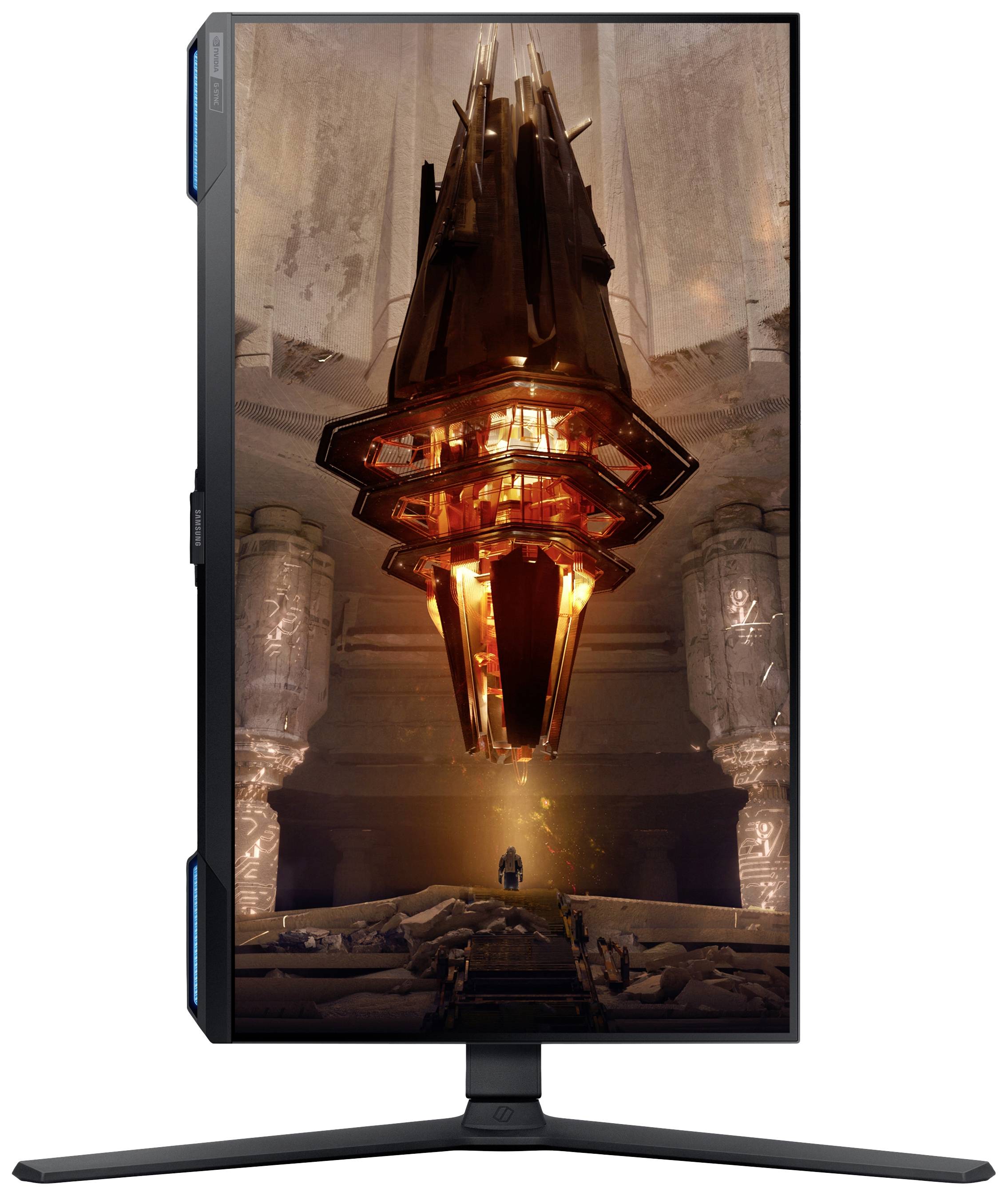 Een verticale monitor toont een sciencefiction-beeld: Een lichtgevende, zwevende kristal in een futuristische hal met zuilen.