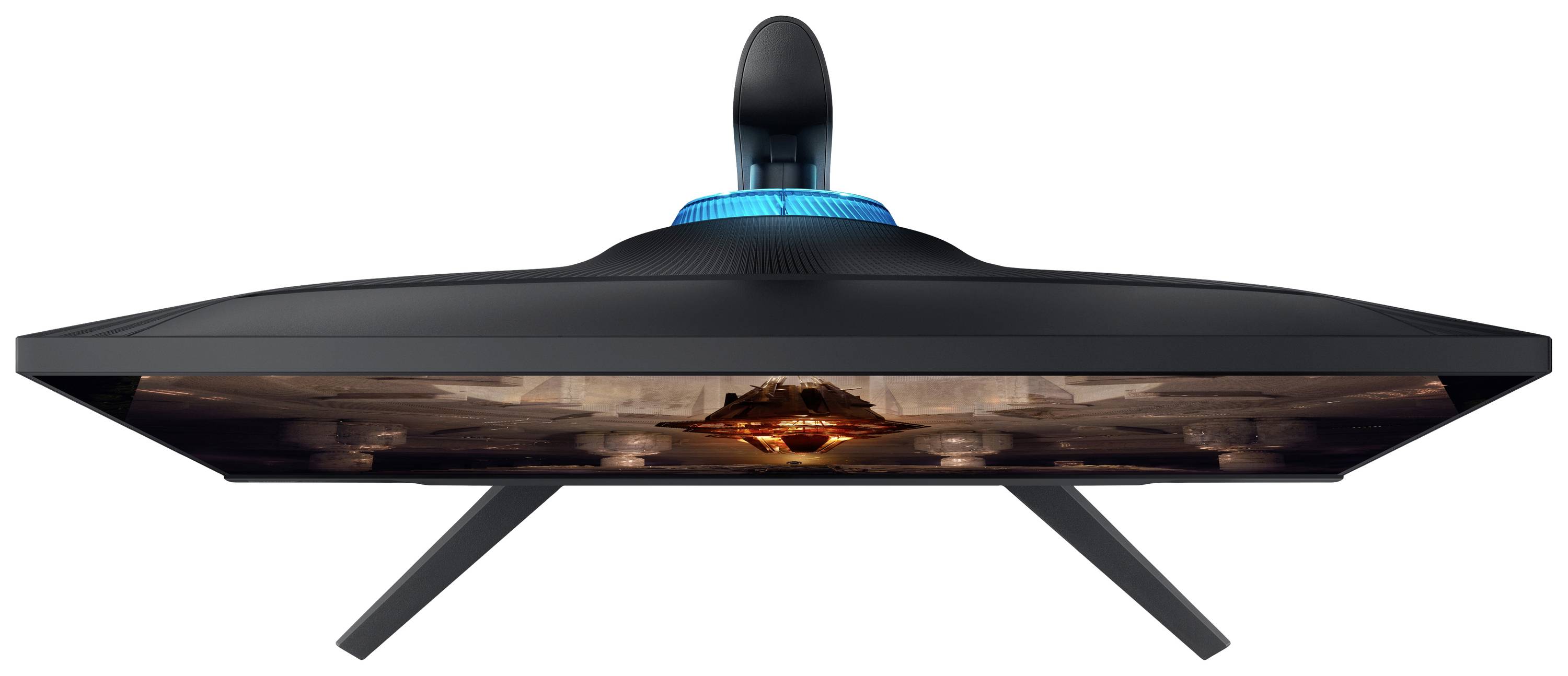 Breedbeeldmonitor van onderen, toont het V-vormige voetstatief en het stijlvolle design van de achterkant met blauwe accenten.