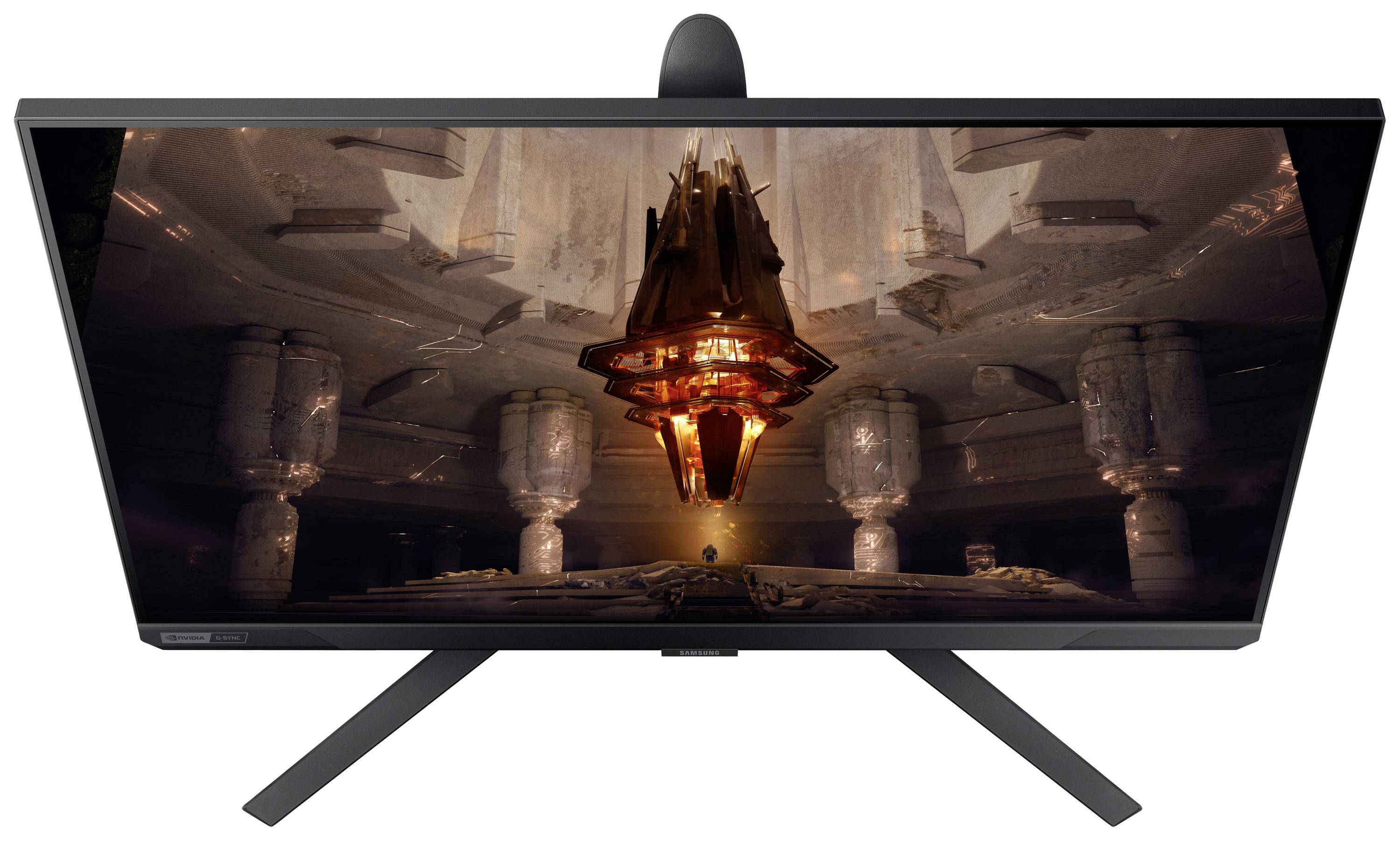 Een computermonitor toont een futuristische, duistere scène met een zwevende, lichtgevende structuur in een grote, door zuilen ondersteunde ruimte.