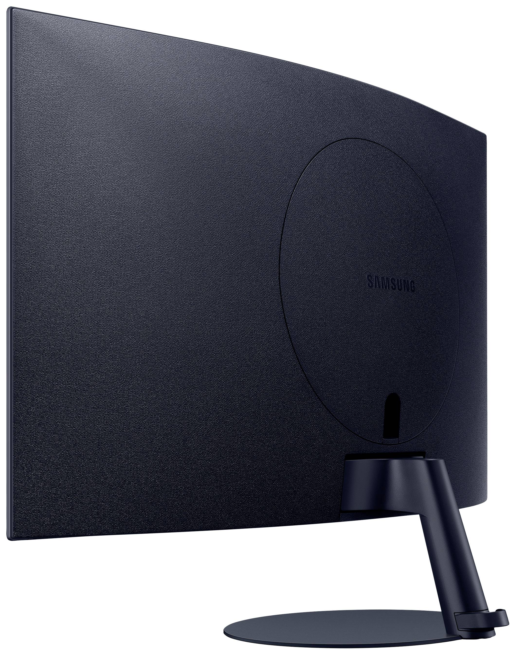 Zwarte, gebogen computermonitor van achteren, gemonteerd op een standaard.