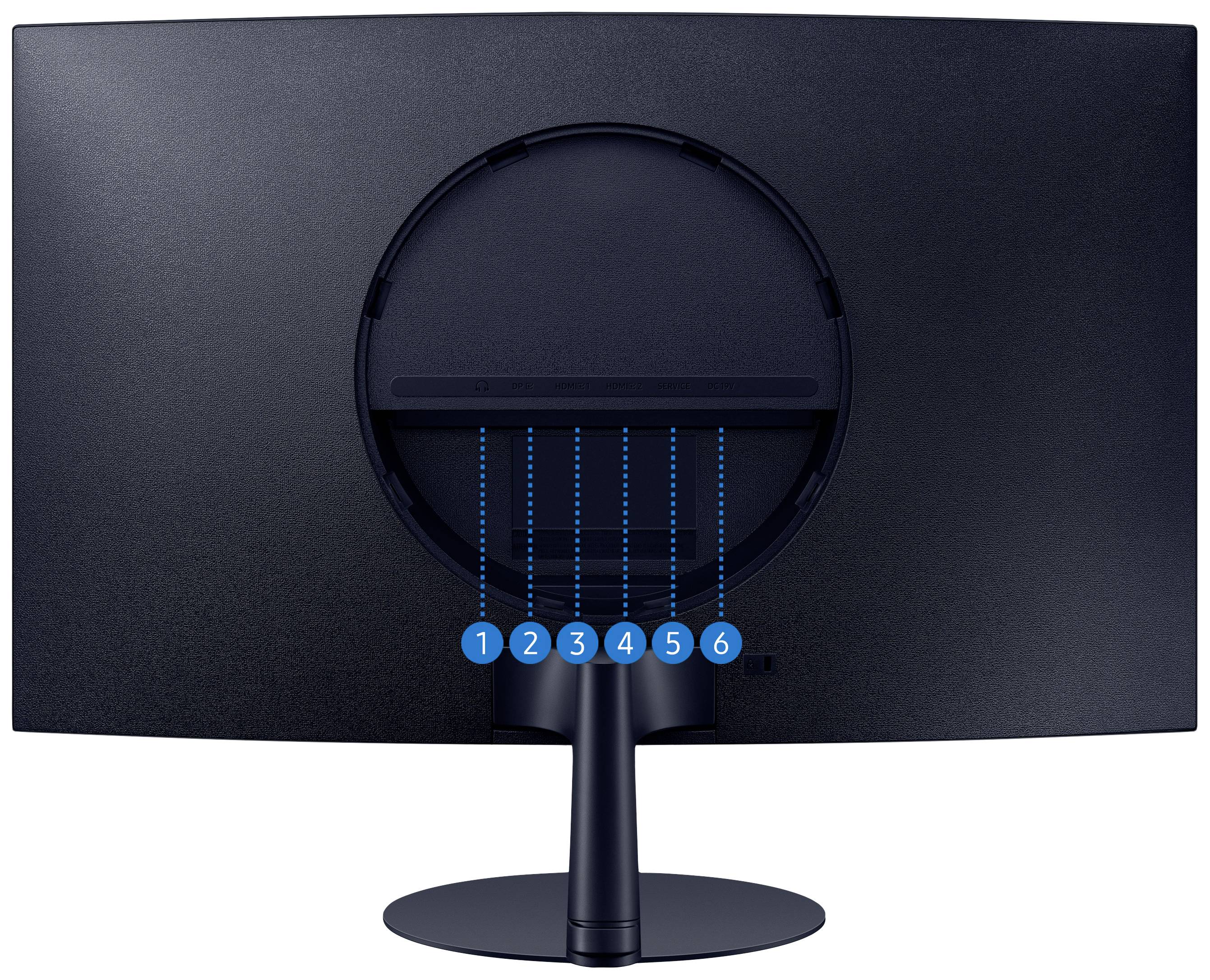 Achteraanzicht van een computermonitor met zes genummerde aansluitingen in het midden, verbonden met een centraal aansluitingsgebied.