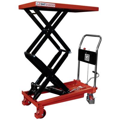 Rode schaarheftafel met zwarte schaarconstructie en stuurgreep, ideaal voor het optillen en transporteren van goederen.