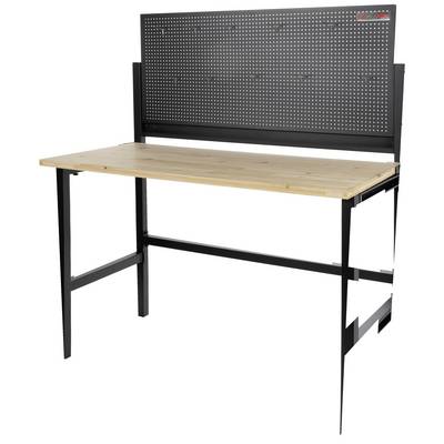 Werkbank met houten werkblad en geperforeerde metalen achterwand, ideaal voor het organiseren van gereedschappen in de werkplaats.