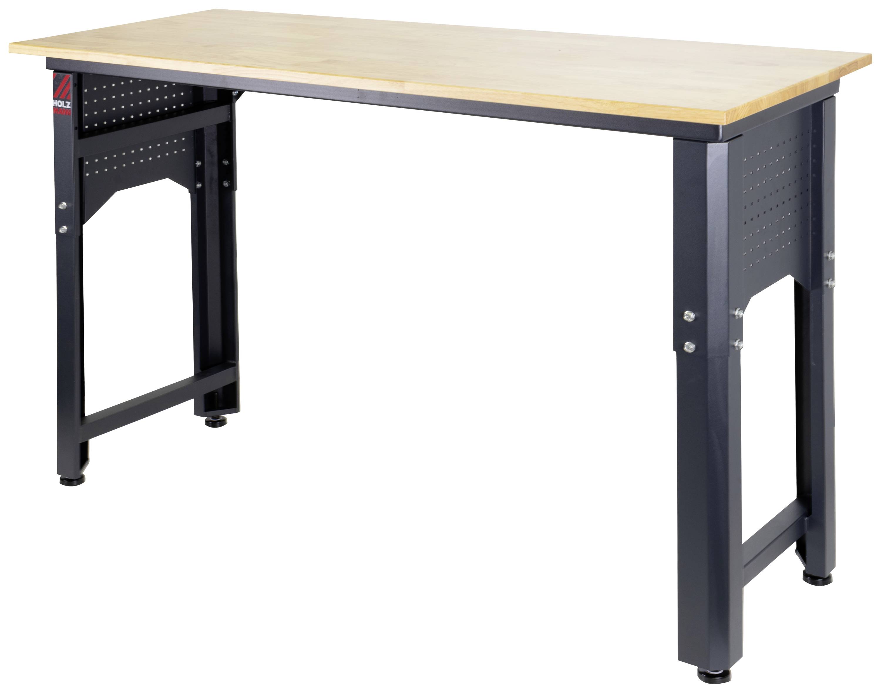 Een stabiele werktafel met een lichtbruine houten blad en een zwart metalen frame.
