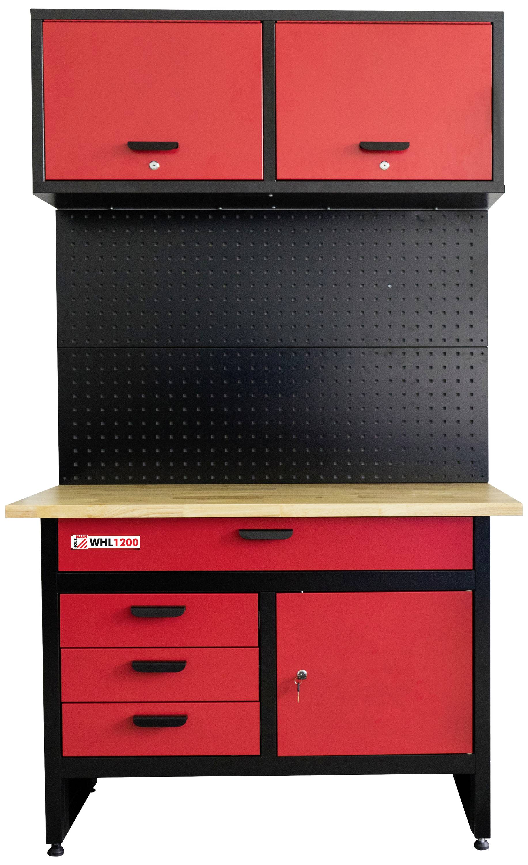 'Werkbank met houten blad, drie lades en twee kasten in rood en zwart. Geschikt voor gereedschappen en materialen.'
