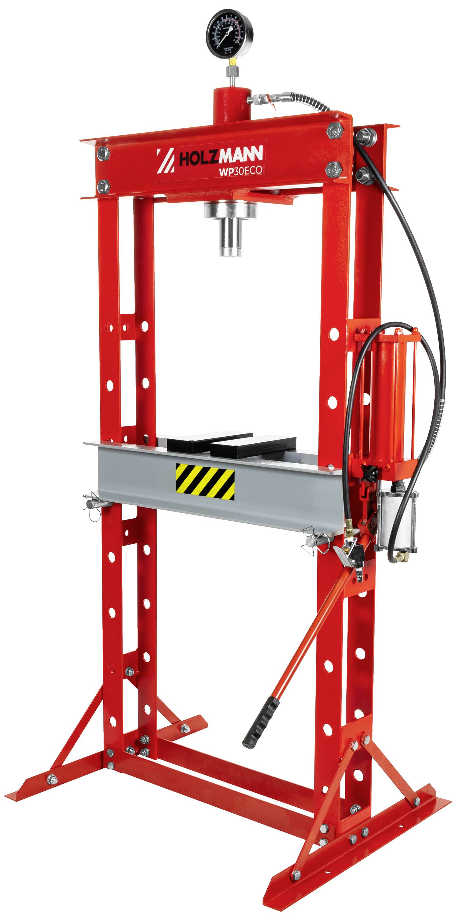 Rode hydraulische pers met manometer en hendel, geschikt voor werkplaatswerkzaamheden of reparaties.