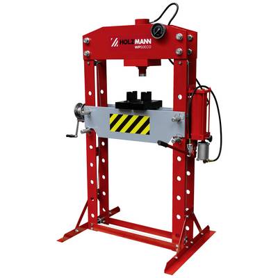 Rode hydraulische pers, merk 'Holzmann', model 'WP50ECO', geschikt voor het vormen en persen van verschillende materialen in een werkplaats.