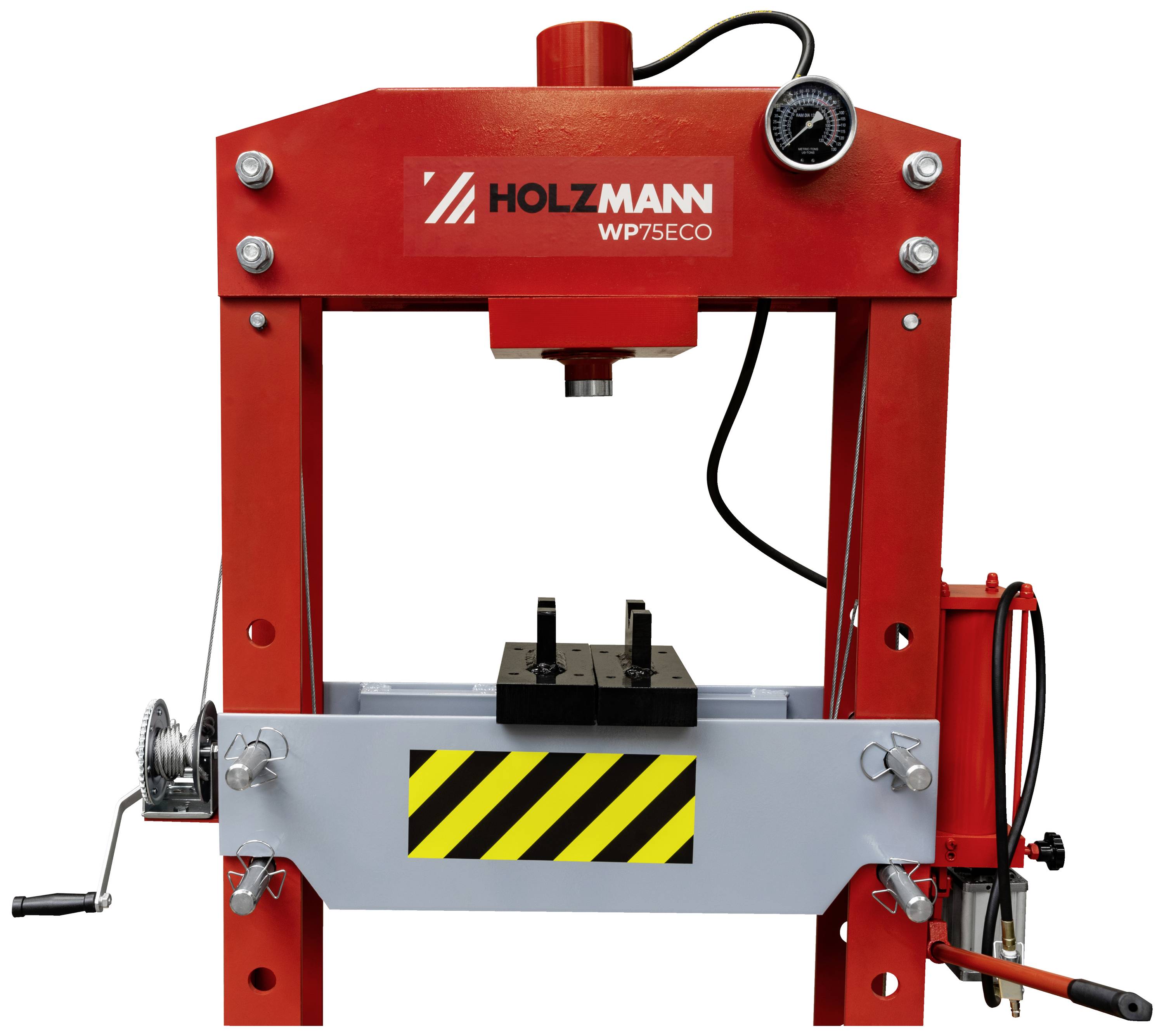 Een rode hydraulische pers met de tekst 'HOLZMANN WP75ECO'. Hij heeft een manometer, hendels en een handslinger aan de zijkanten.