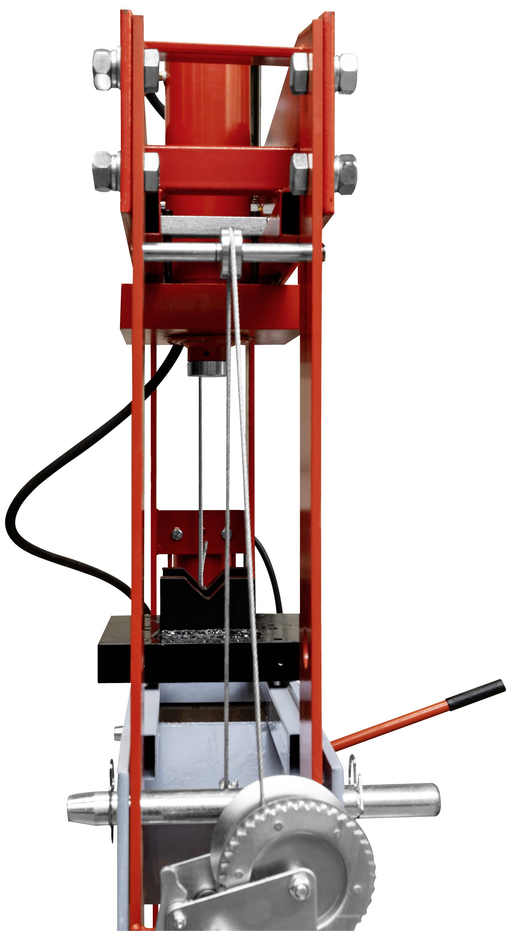 Een verticaal, mechanisch toestel met rode en metalen componenten, bestaande uit kabels, hefbomen en een tandwielmechanisme.