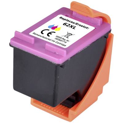 Inktpatroon in het zwart met een paars en oranje behuizing. Opschrift: 'Vervangt: 62XL'. Markering voor inktpeil.